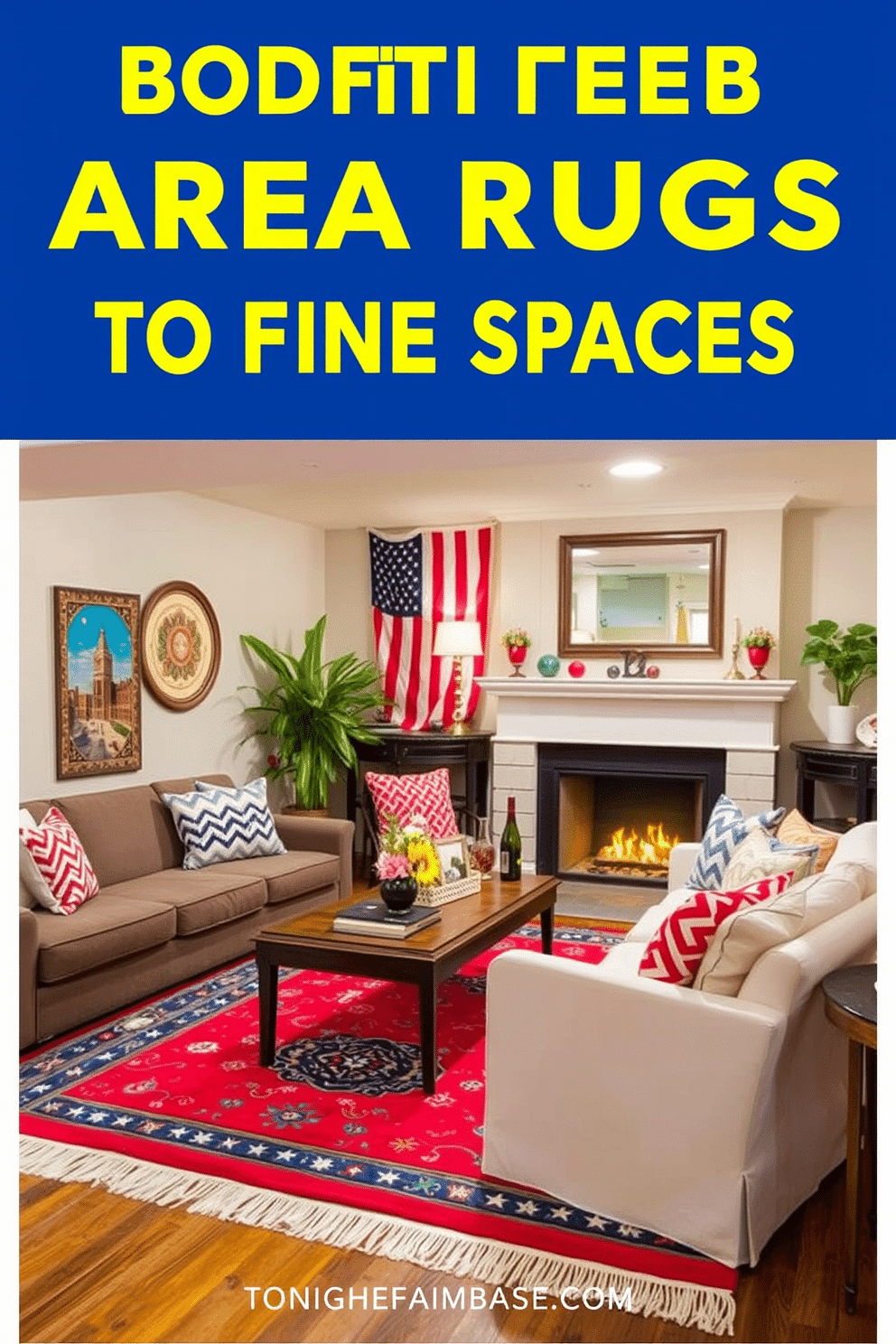 Bright area rugs to define spaces. The rugs feature vibrant colors and patterns, contrasting beautifully with the surrounding furniture and flooring. Labor Day Basement Decorating Ideas. The basement is transformed into a cozy retreat with comfortable seating, festive decor, and inviting lighting for entertaining guests.