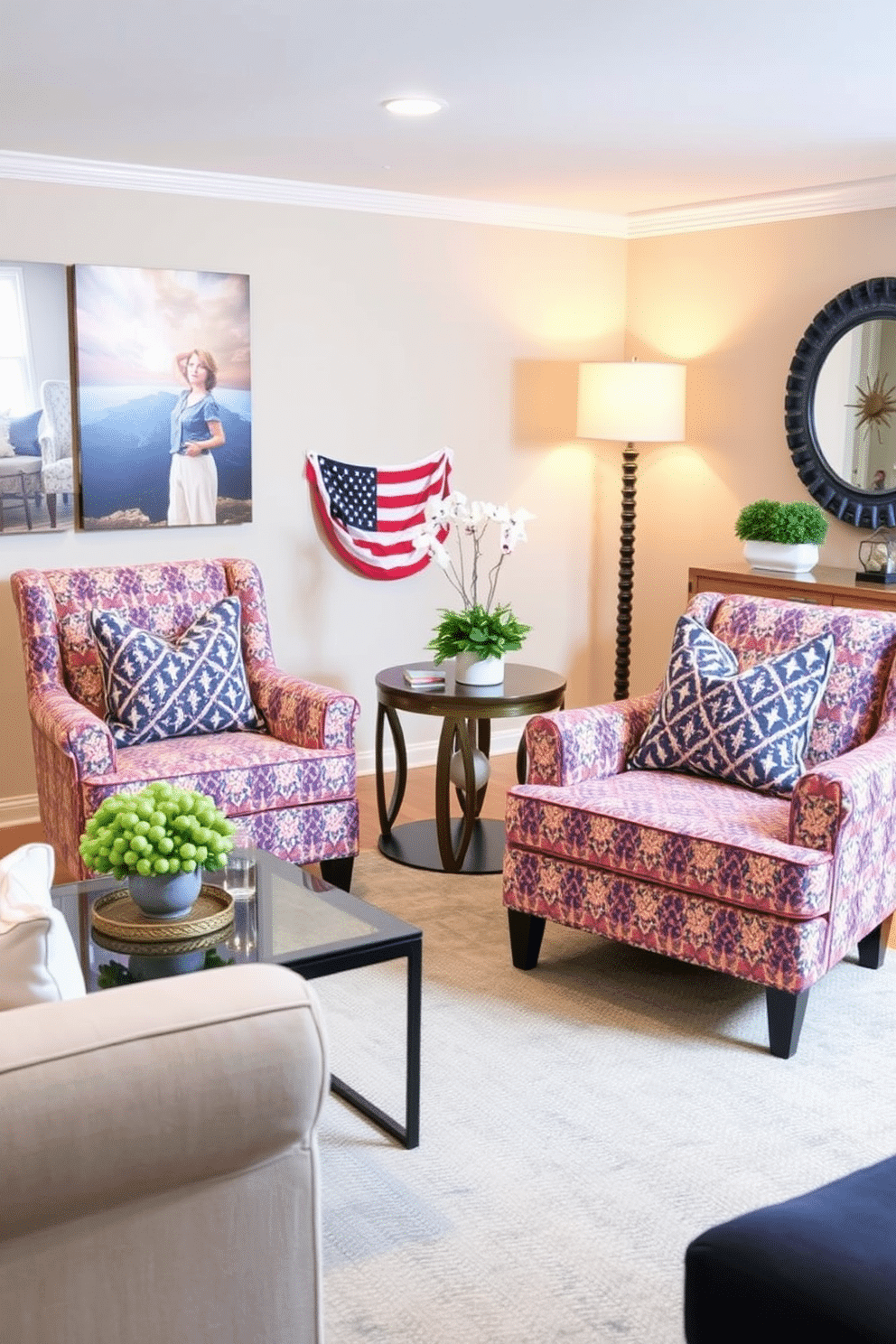 Accent chairs for additional seating options. The room features two stylish accent chairs upholstered in a vibrant fabric, positioned opposite a modern coffee table. Labor Day Basement Decorating Ideas. The basement is transformed into a cozy retreat with soft lighting, comfortable seating, and seasonal decor that celebrates the spirit of Labor Day.