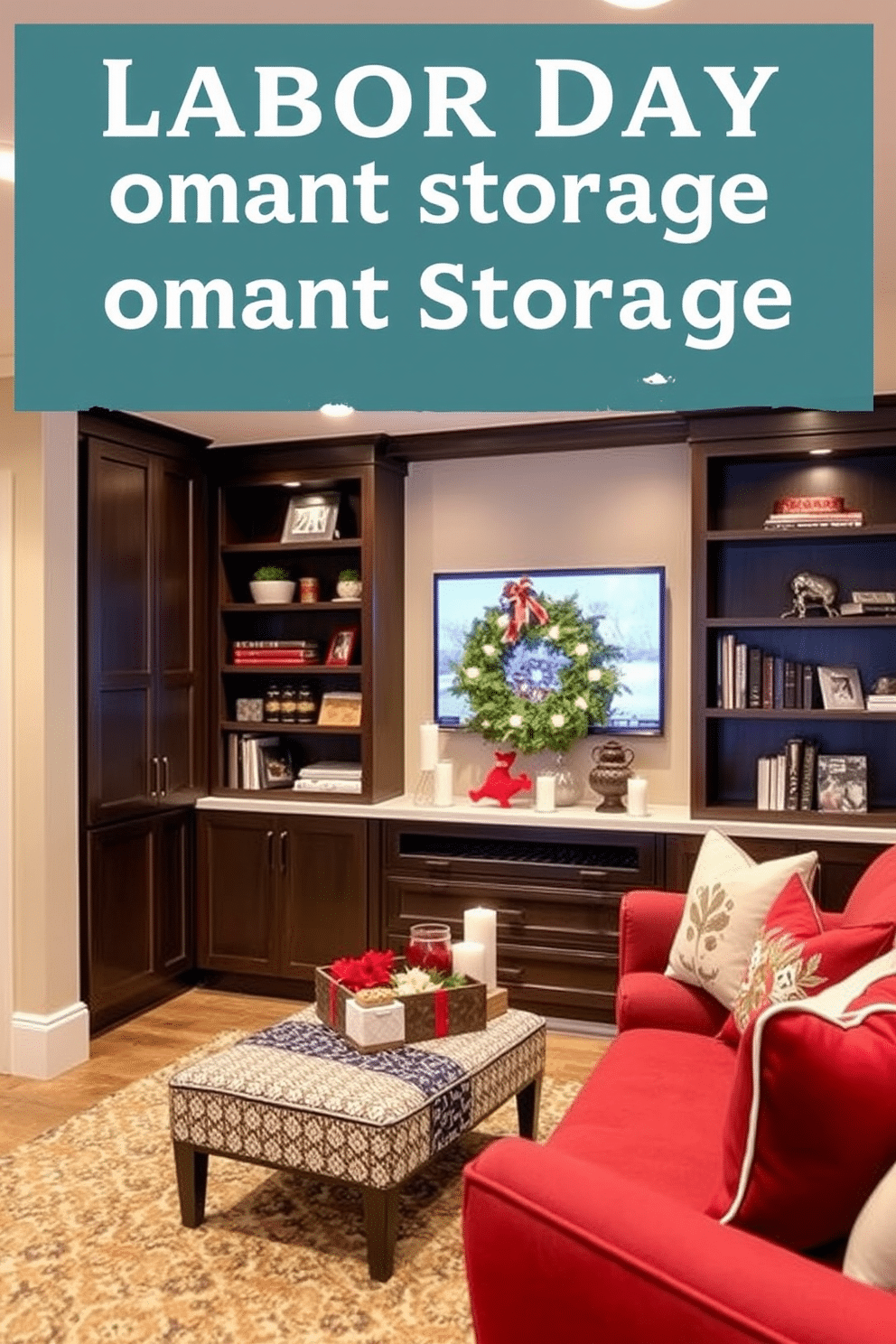 Customized cabinetry for smart storage. The cabinets feature a sleek design with a combination of open shelving and closed storage, allowing for organized display and hidden clutter. Labor Day Basement Decorating Ideas. The space is transformed into a cozy retreat with comfortable seating, warm lighting, and festive decor that celebrates the holiday spirit.