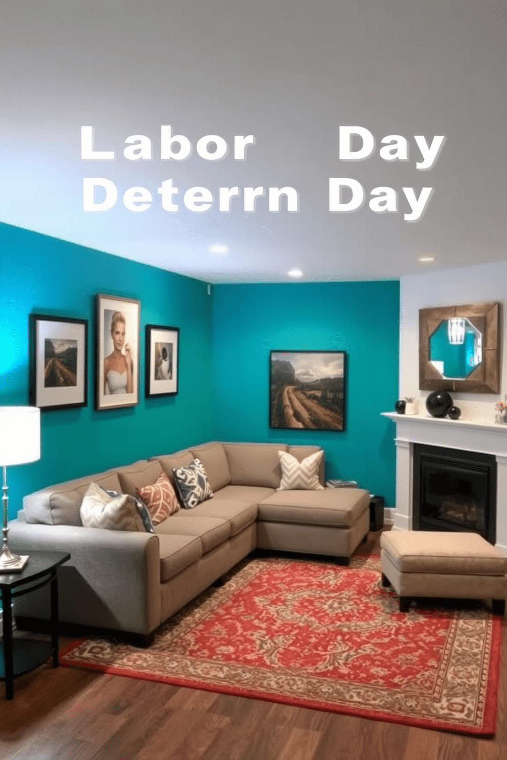 Bright accent walls to add personality. The room features a bold teal wall that contrasts beautifully with the neutral furniture. Labor Day Basement Decorating Ideas. The space is designed for relaxation with a cozy sectional sofa and a large area rug.