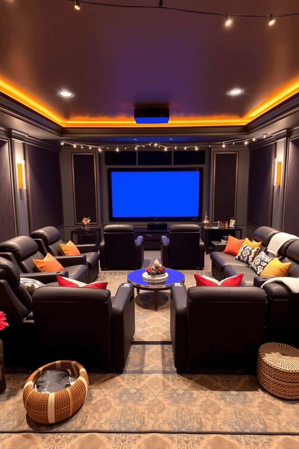 A luxurious home theater setup featuring plush reclining seats arranged in a semi-circle facing a large screen. The walls are adorned with dark acoustic panels, and soft ambient lighting creates a cozy atmosphere. For Labor Day basement decorating ideas, envision a vibrant space with a mix of comfortable lounge furniture and festive decor. Bright throw pillows and a large area rug add warmth, while string lights and seasonal accents enhance the celebratory feel.