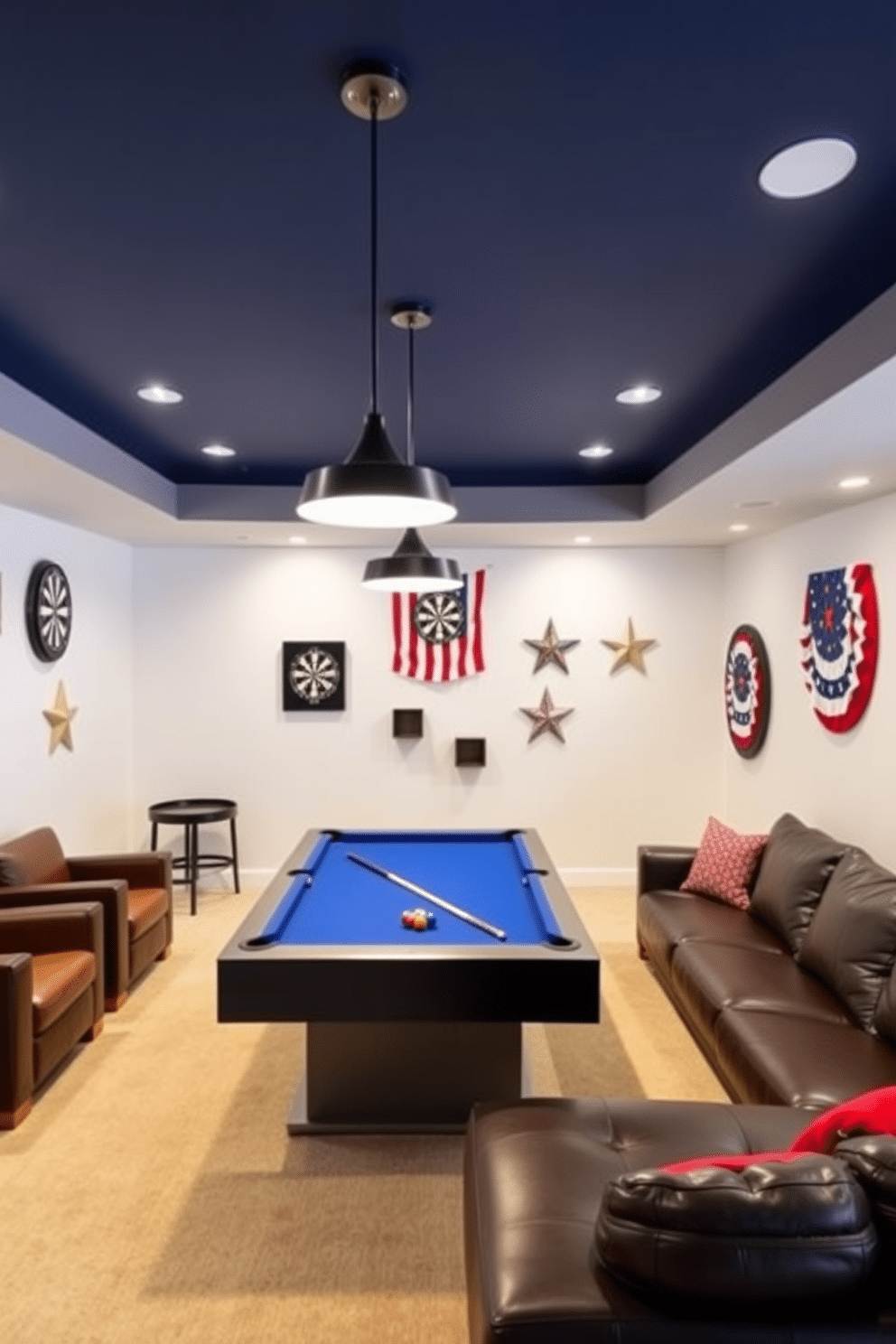 A vibrant game room featuring a sleek pool table positioned centrally under a stylish pendant light. Surrounding the pool table, there are comfortable leather seating options and a dartboard mounted on the wall, adding an element of fun and competition. For Labor Day, the basement is transformed into a festive gathering space with patriotic decorations. Red, white, and blue accents adorn the walls, and a large sectional sofa is arranged to encourage conversation and relaxation among guests.