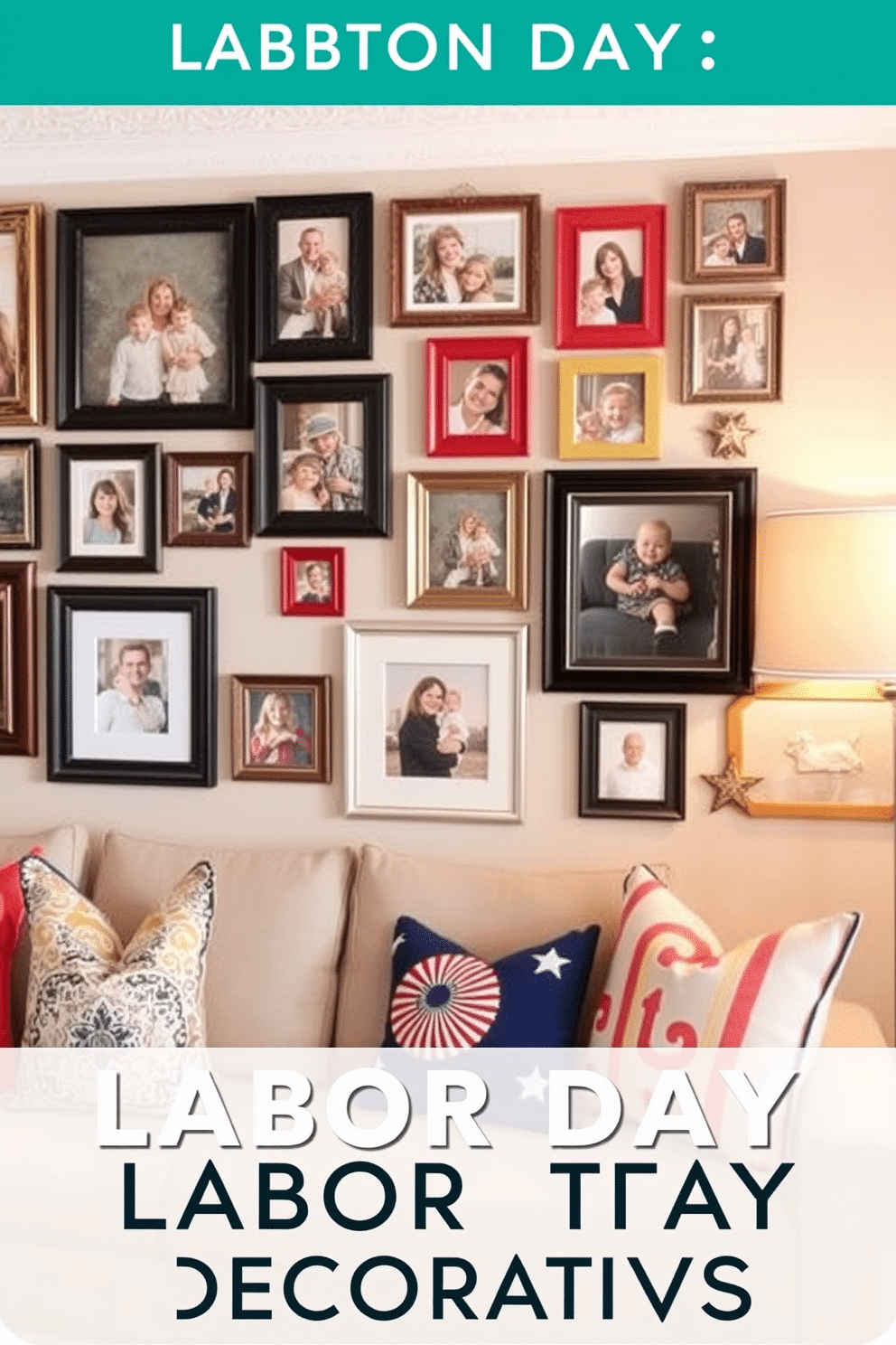 A gallery wall showcasing family photos. The wall is adorned with a variety of frames in different sizes and finishes, creating an eclectic yet cohesive look. Labor Day basement decorating ideas. The space features comfortable seating arrangements, vibrant throw pillows, and festive decorations that celebrate the holiday spirit.