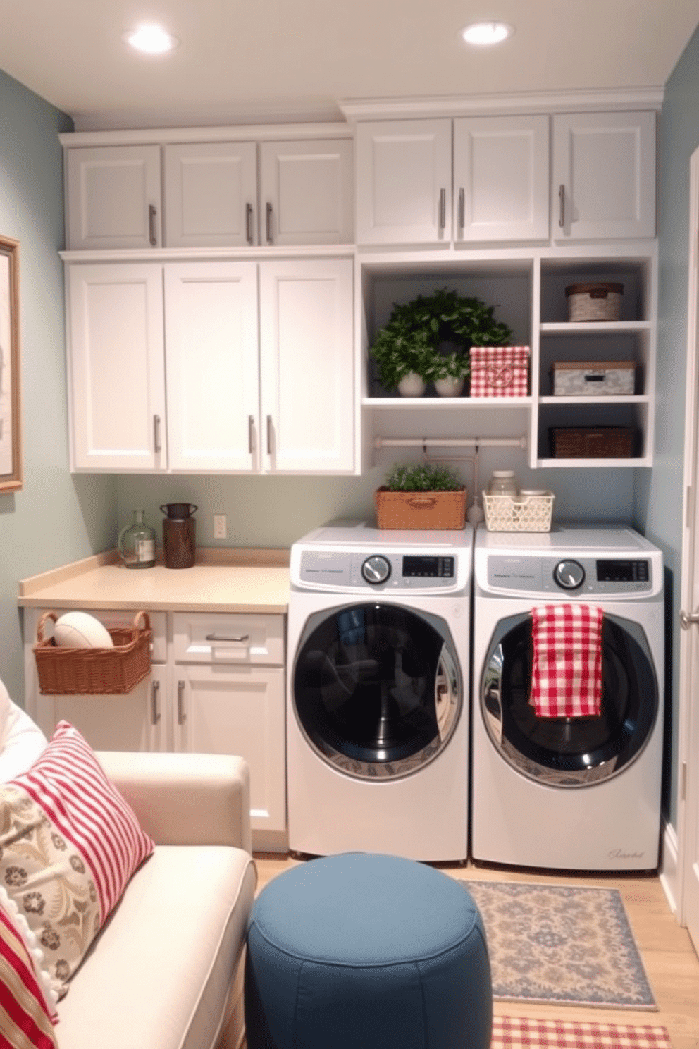 A functional laundry area featuring built-in cabinets and open shelving for easy access to storage solutions. The space includes a large countertop for folding clothes and a stylish washer and dryer set, with a cheerful color scheme that enhances the overall aesthetic. Labor Day basement decorating ideas that create a cozy and inviting atmosphere for entertaining guests. The design includes comfortable seating, ambient lighting, and decorative accents that reflect a festive holiday spirit while maximizing the use of space.