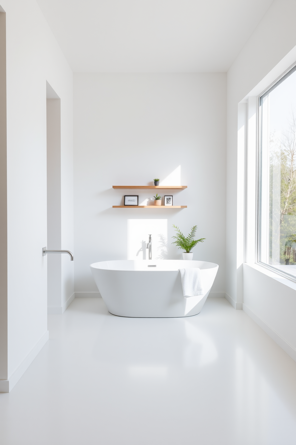 A serene minimalist bathroom design featuring clean lines and an open layout. The space includes a freestanding bathtub positioned under a large window, allowing natural light to flood in. The walls are painted in a crisp white, complemented by a simple wooden shelf displaying a few carefully curated decor items. A sleek, wall-mounted faucet and a small potted plant add a touch of elegance to the overall aesthetic.