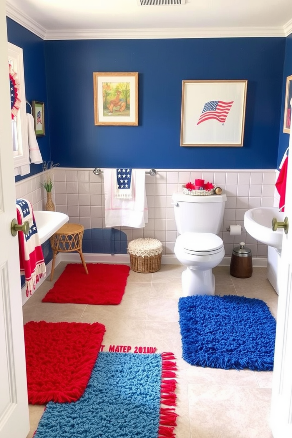 A vibrant bathroom setting featuring colorful rugs that add personality and warmth to the space. The rugs are layered over a neutral tile floor, creating a lively contrast that enhances the overall decor. Incorporate Labor Day themed decorations with subtle red, white, and blue accents throughout the bathroom. Decorative elements such as themed towels and artwork celebrate the holiday while maintaining a cohesive design.