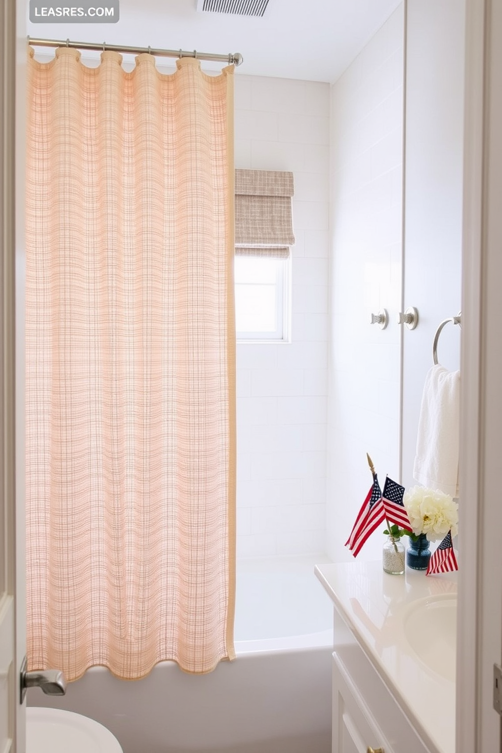 A stylish bathroom featuring textured shower curtains that add visual interest to the space. The curtains are a rich fabric in a soft neutral tone, complementing the overall color scheme of the room. The bathroom is adorned with subtle Labor Day decorations, incorporating red, white, and blue accents. A tasteful arrangement of seasonal decor enhances the inviting atmosphere while maintaining elegance.