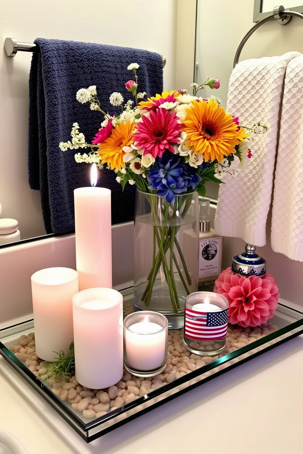 Elegant candle arrangements for ambiance. Softly flickering candles in varying heights are placed on a sleek glass tray, surrounded by delicate greenery and small pebbles for a natural touch. Labor Day bathroom decorating ideas. A fresh arrangement of seasonal flowers is displayed in a stylish vase, complemented by vibrant towels and a carefully curated selection of decorative accents that reflect the spirit of the holiday.