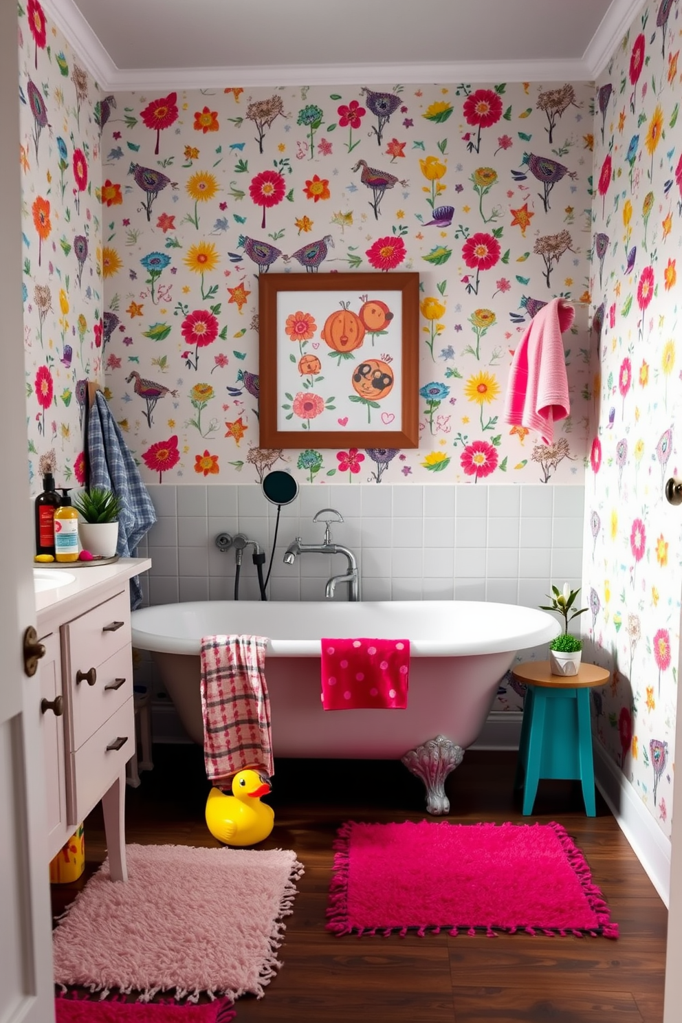 A whimsical bathroom setting filled with playful motifs. The walls are adorned with cheerful wallpaper featuring colorful patterns of flowers and animals, creating a vibrant atmosphere. A freestanding bathtub sits in the center, surrounded by quirky accessories like a rubber duck and colorful bath mats. On the vanity, a collection of fun and colorful toiletries is arranged alongside a small potted plant for a touch of nature.