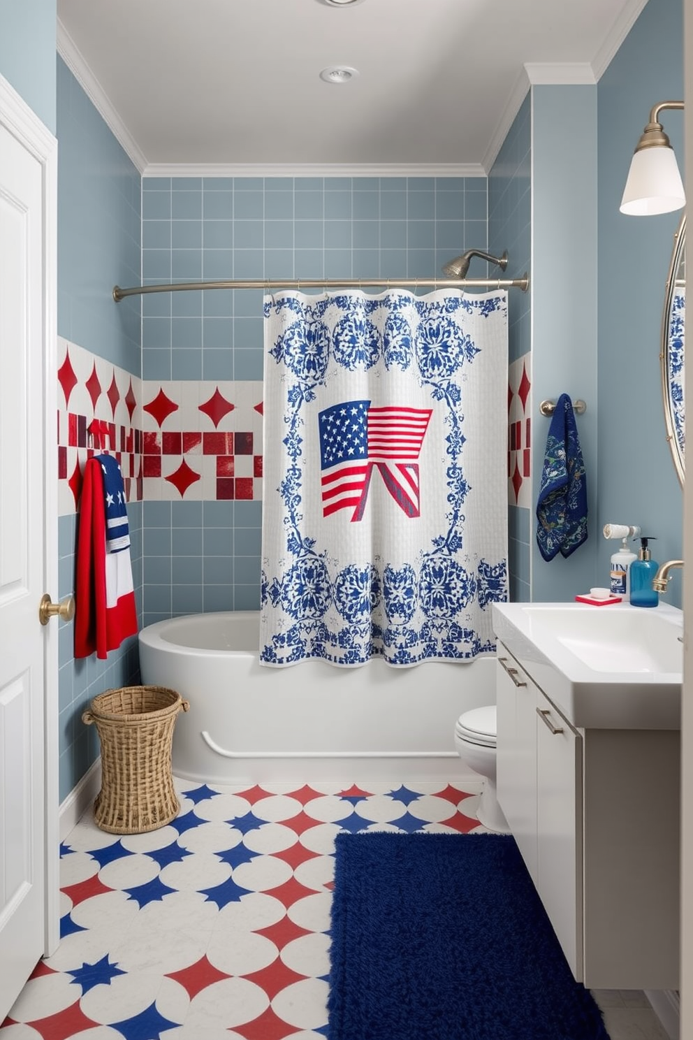 A striking bathroom featuring bold tile designs that create a statement look. The walls are adorned with vibrant geometric tiles in contrasting colors, while the floor showcases a large-scale patterned tile that draws the eye. Incorporate Labor Day decorating ideas with festive accents like red, white, and blue towels and accessories. A stylish shower curtain with a patriotic motif adds a fun touch to the overall design.