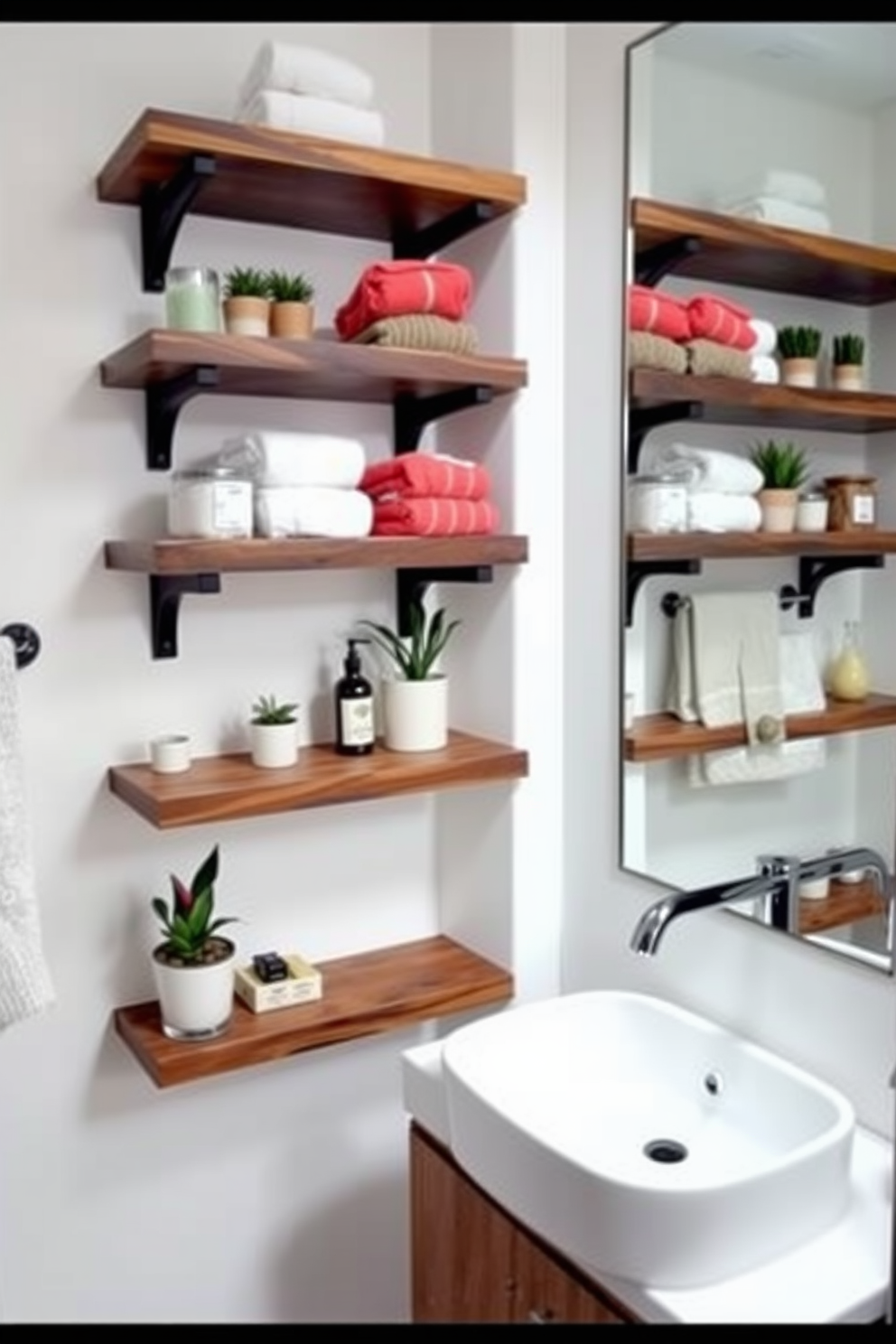 A stylish bathroom featuring open shelving for easy access and display of decorative items. The shelves are made of reclaimed wood, complementing the soft white walls and adding a rustic touch to the space. The decor includes small potted plants, colorful towels, and artisanal soaps arranged artfully on the shelves. A sleek, modern sink sits below a large mirror, enhancing the brightness and openness of the room.