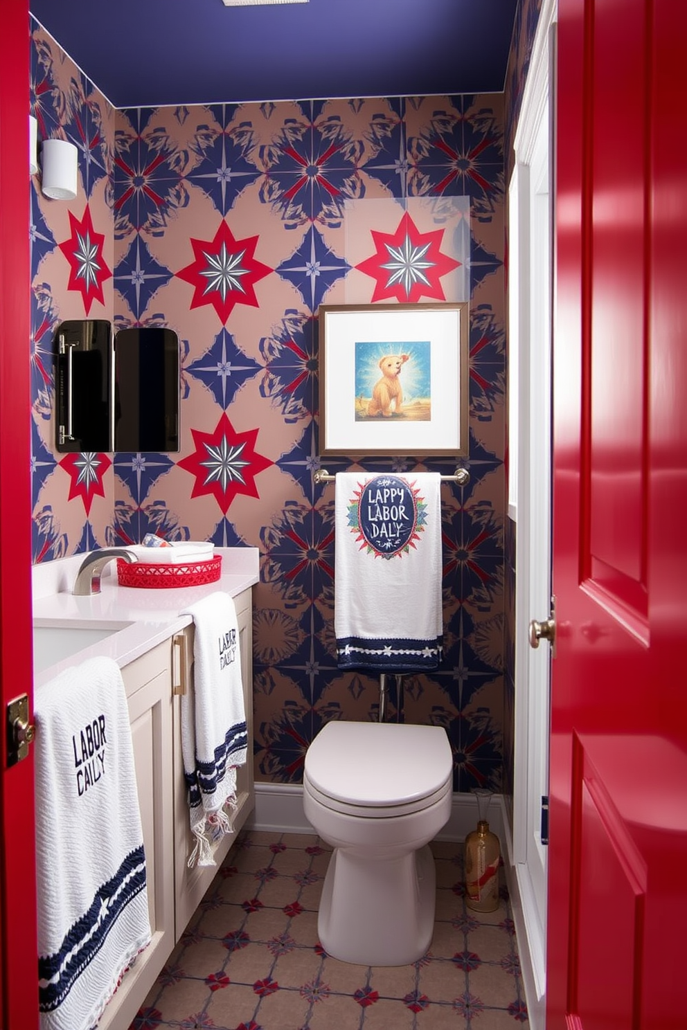 A vibrant bathroom space featuring bold wallpaper adorned with geometric patterns that create a striking focal point. The walls are complemented by sleek fixtures and a modern vanity, enhancing the contemporary aesthetic of the room. Incorporate stylish accessories that celebrate the spirit of Labor Day, such as themed towels and decorative elements in patriotic colors. The overall design should blend comfort and sophistication, inviting relaxation while showcasing a festive flair.