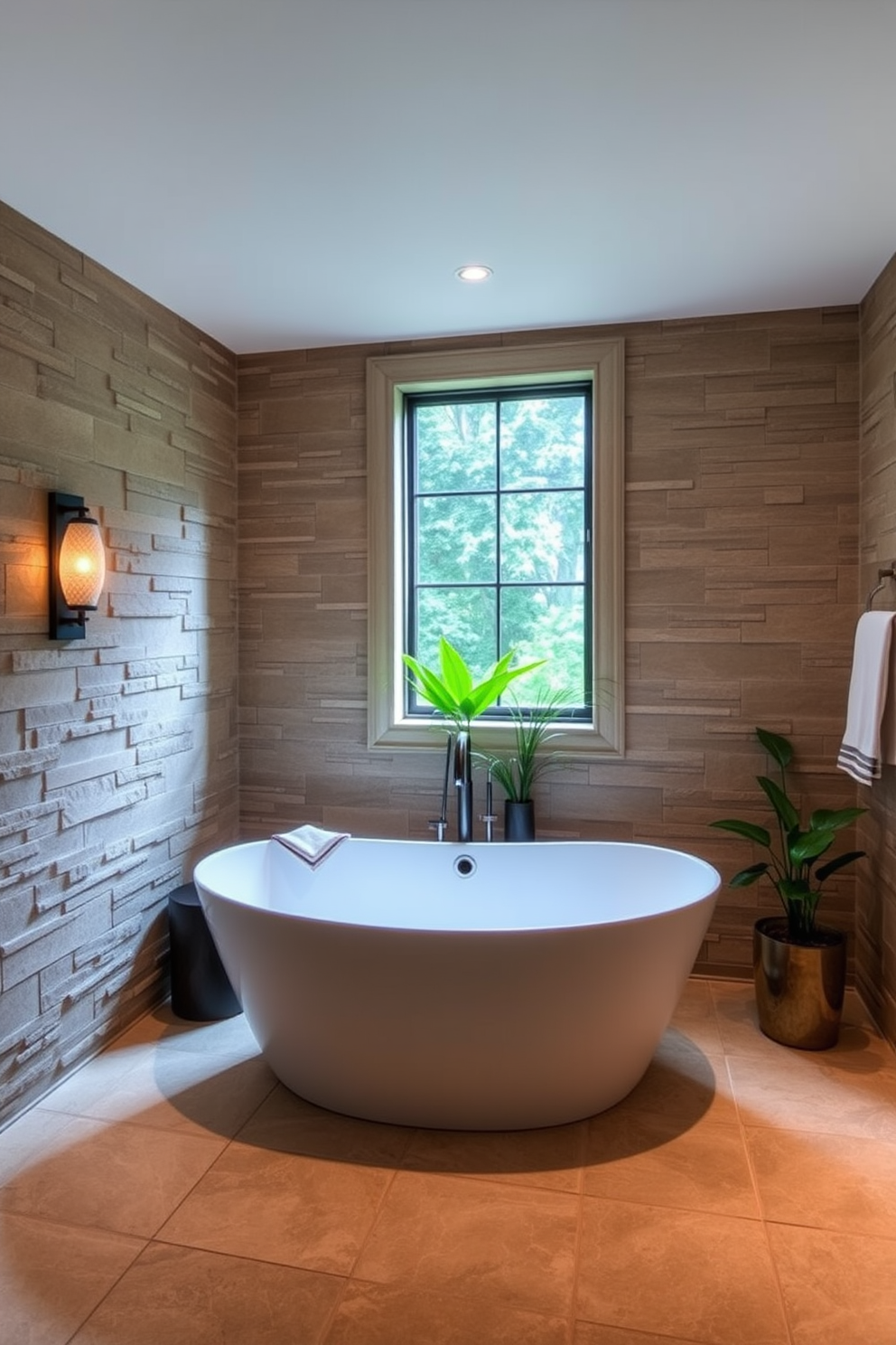 A serene bathroom ambiance featuring natural stone elements creates a spa-like atmosphere. The walls are adorned with textured stone panels, and large stone tiles cover the floor, enhancing the earthy feel. Incorporate soft lighting with sconces and a freestanding soaking tub placed near a window. Add greenery with potted plants to bring a touch of nature indoors, creating a tranquil retreat for relaxation.