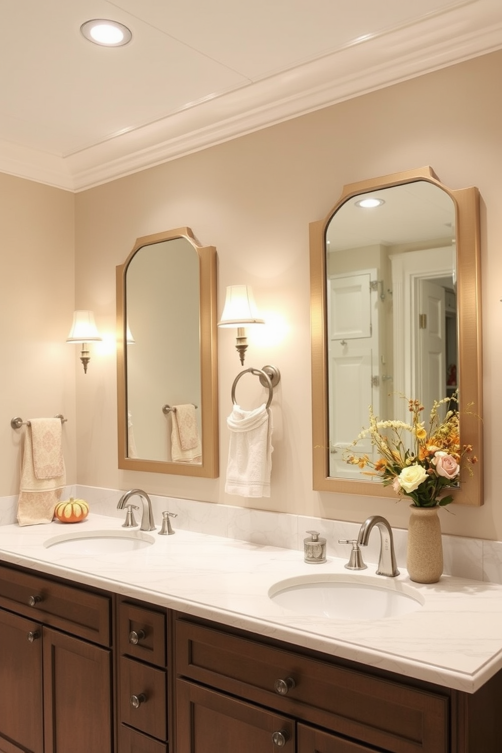 A layered lighting scheme enhances versatility and warmth in the bathroom. Soft recessed lights illuminate the space while elegant wall sconces provide ambient lighting near the vanity. For Labor Day, consider incorporating seasonal decor that reflects the holiday spirit. Use warm tones and natural elements to create a welcoming atmosphere, such as placing small decorative pumpkins or floral arrangements on the countertops.