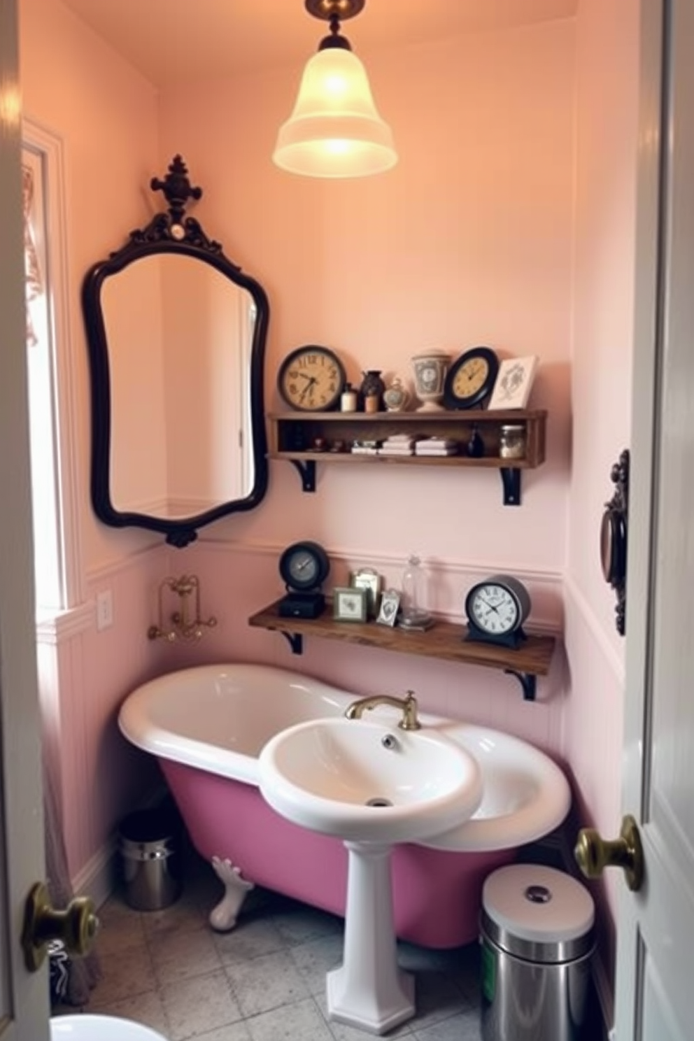 A cozy bathroom infused with vintage charm. The space features a clawfoot bathtub adorned with antique brass fixtures and a collection of nostalgic accessories displayed on a rustic wooden shelf. The walls are painted in soft pastel hues, creating a warm and inviting atmosphere. A vintage-inspired mirror hangs above a pedestal sink, complemented by decorative elements like a retro clock and a collection of old-fashioned toiletries.