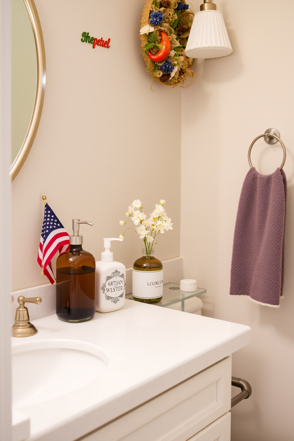 A beautifully designed bathroom featuring artisan soap dispensers that add a personal touch to the decor. The space is adorned with seasonal accents inspired by Labor Day, creating a warm and inviting atmosphere.