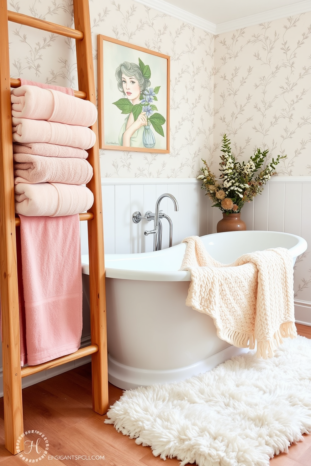 A cozy bathroom retreat featuring soft textiles and warm colors. Plush towels in soft pastels are neatly arranged on a wooden ladder, while a fluffy area rug adds comfort underfoot. The walls are adorned with subtle floral wallpaper, creating a serene backdrop. A freestanding bathtub is draped with a soft knitted throw, inviting relaxation after a long day.