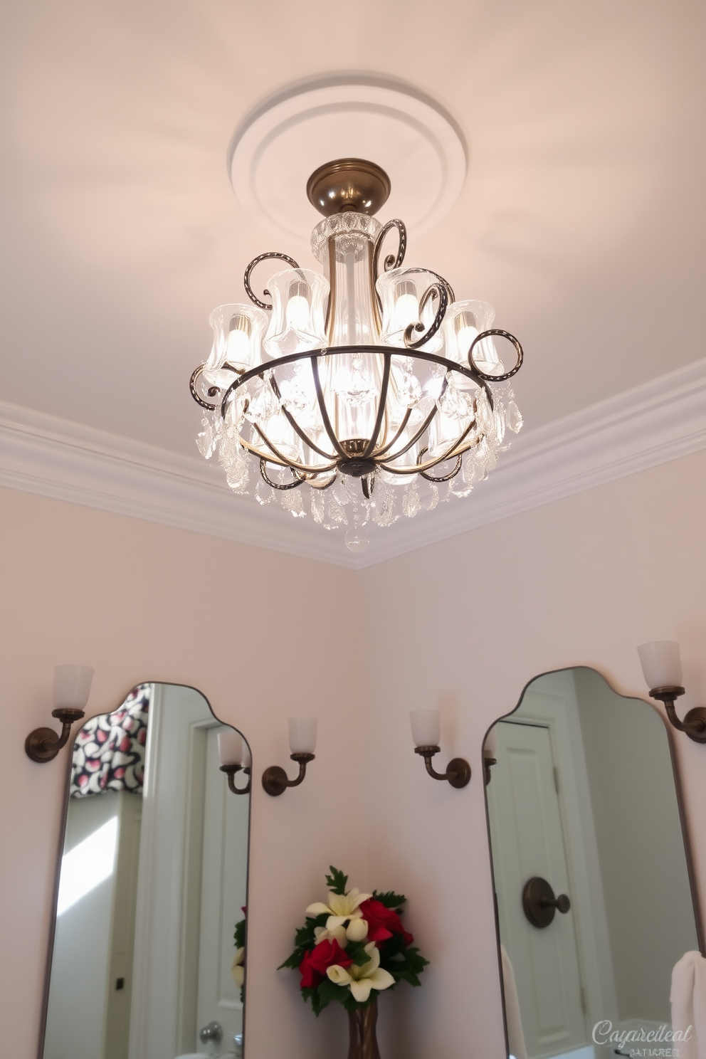 A stunning bathroom featuring unique light fixtures as focal points. The ceiling boasts an elegant chandelier made of glass and metal, casting a soft glow over the space. The walls are adorned with a fresh coat of white paint, creating a bright and airy atmosphere. Stylish sconces flanking the mirrors provide additional lighting and enhance the overall design. For Labor Day, incorporate festive accents like red, white, and blue towels and accessories. A decorative arrangement of seasonal flowers adds a touch of holiday spirit to the serene environment.