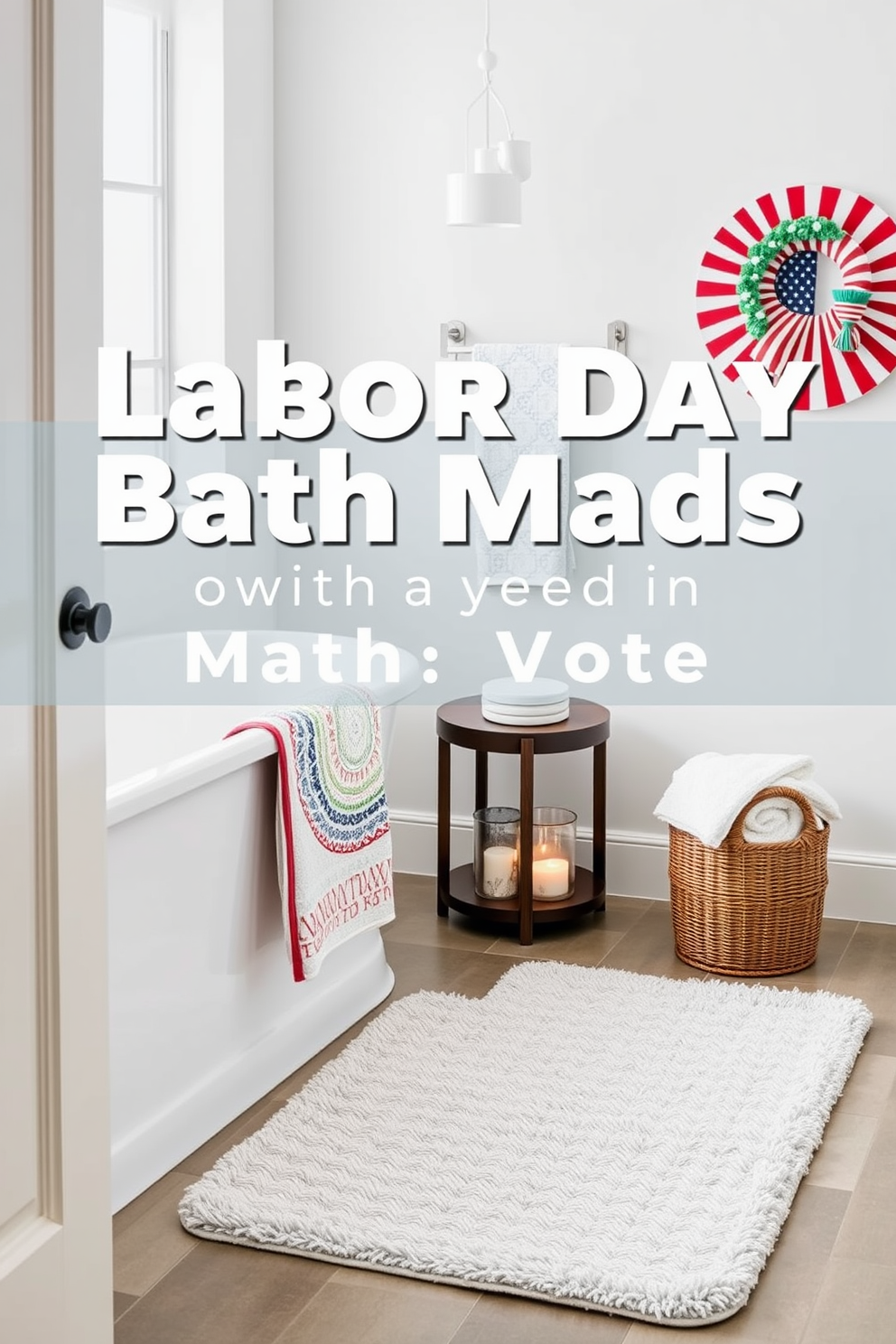 Elegant bath mats for comfort and style. The mats are plush and soft, featuring a subtle geometric pattern that complements the overall decor of the bathroom. Labor Day bathroom decorating ideas. Incorporate vibrant colors and festive accents, such as decorative towels and seasonal candles, to create a welcoming atmosphere.