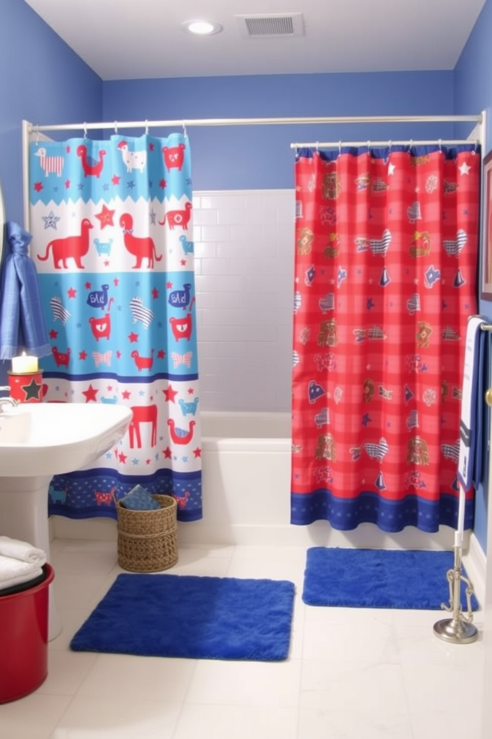 A vibrant bathroom featuring playful patterns on shower curtains with whimsical designs in bright colors. The space is accented by coordinating towels and bath mats that enhance the cheerful atmosphere. For a Labor Day theme, incorporate red, white, and blue decorations, such as themed artwork and decorative accents. Add festive touches like star-shaped candles and a small flag display to celebrate the holiday in style.