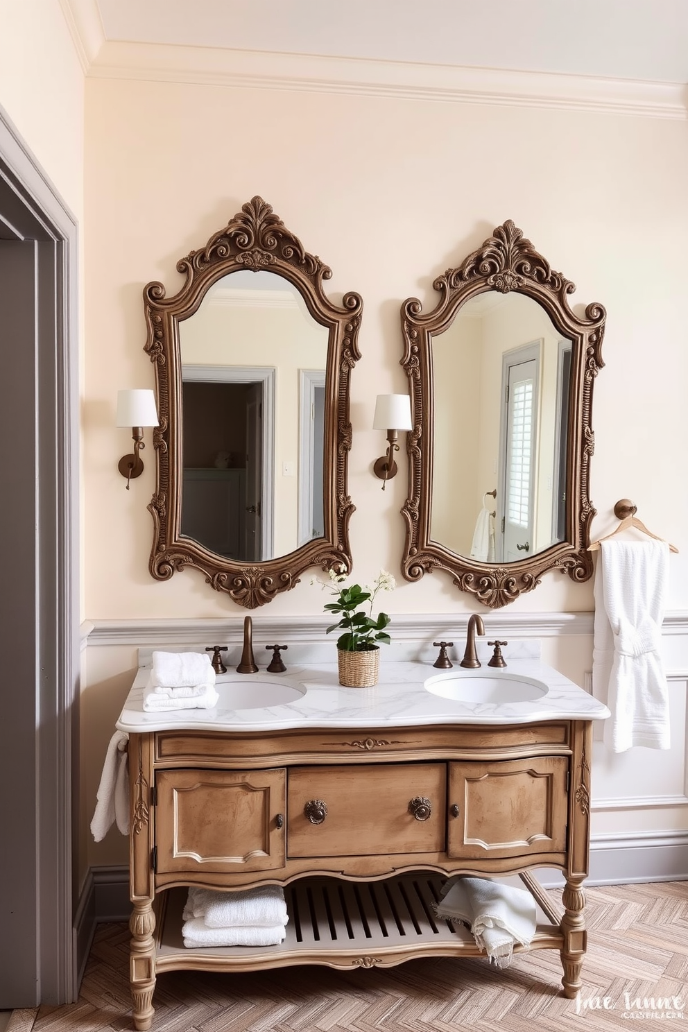 A vintage bathroom setting featuring ornate mirrors with intricate frames that add a classic touch to the decor. The walls are painted in a soft cream color, and the floor is covered with elegant herringbone tiles. The vanity is a distressed wooden piece with a marble top, complemented by antique brass fixtures. Fresh white towels are neatly arranged, and a small potted plant adds a touch of greenery to the space.