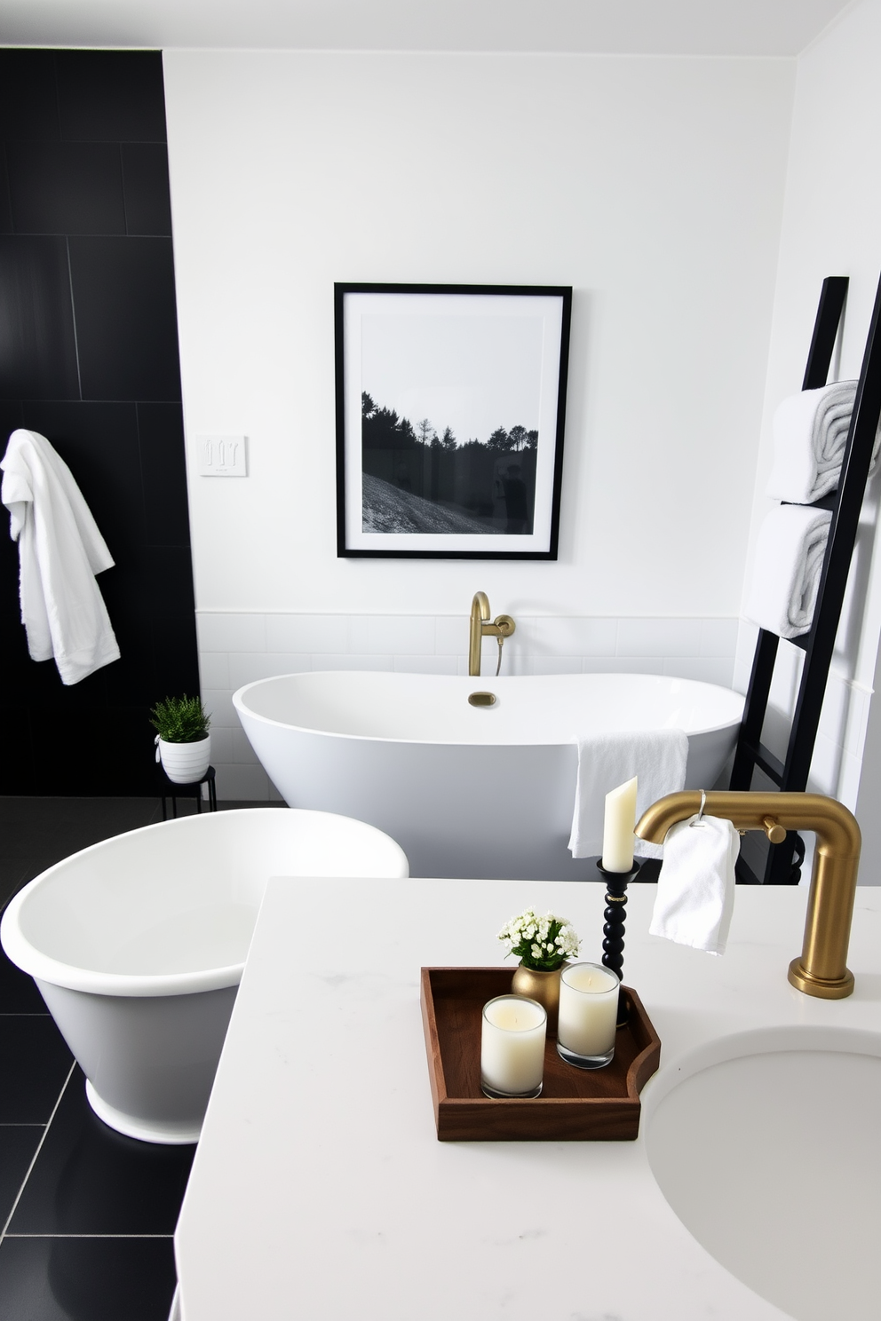 Understated elegance with monochrome decor. The bathroom features sleek black and white tiles, creating a timeless foundation. A freestanding white bathtub sits against a wall adorned with minimalist black and white art. Soft white towels are neatly arranged on a black wooden ladder, enhancing the sophisticated ambiance. Labor Day bathroom decorating ideas. Incorporate seasonal elements like small potted plants and neutral-toned accessories for a fresh look. A decorative tray on the countertop holds candles and a small vase of white flowers. Subtle gold accents in the fixtures add a touch of luxury to the overall design.