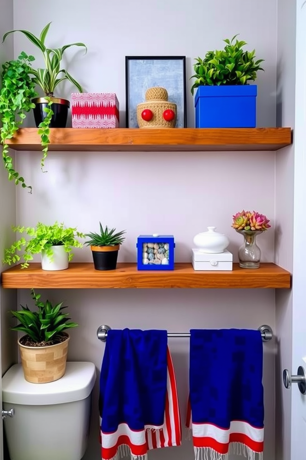 Floating shelves for stylish storage. The shelves are made of reclaimed wood, displaying neatly arranged plants and decorative boxes. Labor Day bathroom decorating ideas. The space features vibrant towels and seasonal decor, creating a welcoming and festive atmosphere.