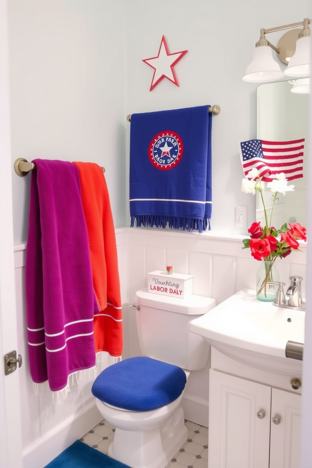 A cheerful bathroom setting featuring bright towels in vibrant colors. The walls are adorned with light, refreshing paint, and the overall decor embraces a festive Labor Day theme.