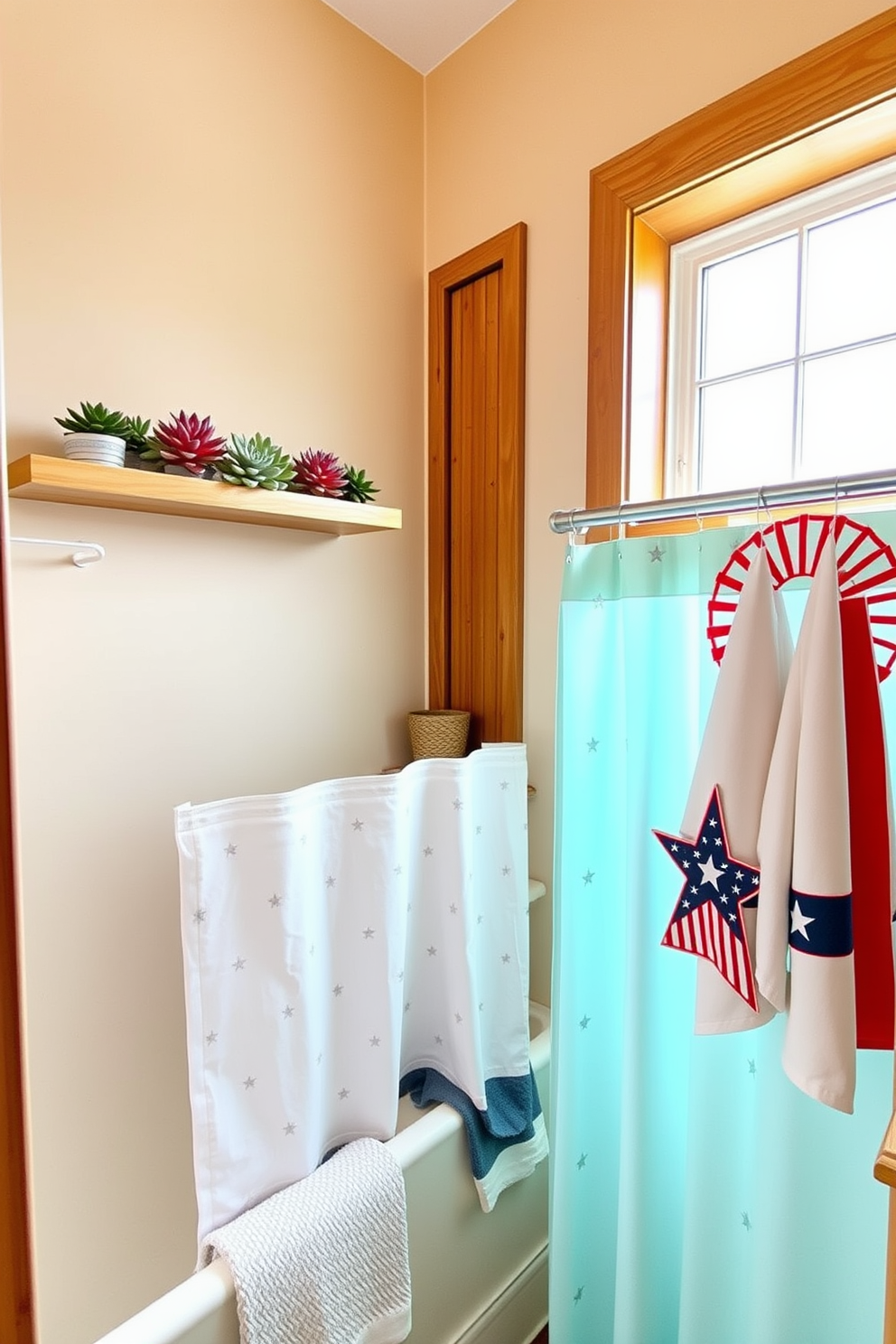 A serene bathroom oasis featuring a collection of vibrant succulents arranged on a wooden shelf. The walls are painted in soft beige, complemented by natural wood accents and a large window allowing ample sunlight to illuminate the space. For Labor Day, the bathroom is adorned with festive decorations in red, white, and blue tones. A stylish shower curtain with a subtle star pattern hangs, and decorative towels are neatly arranged to enhance the celebratory atmosphere.