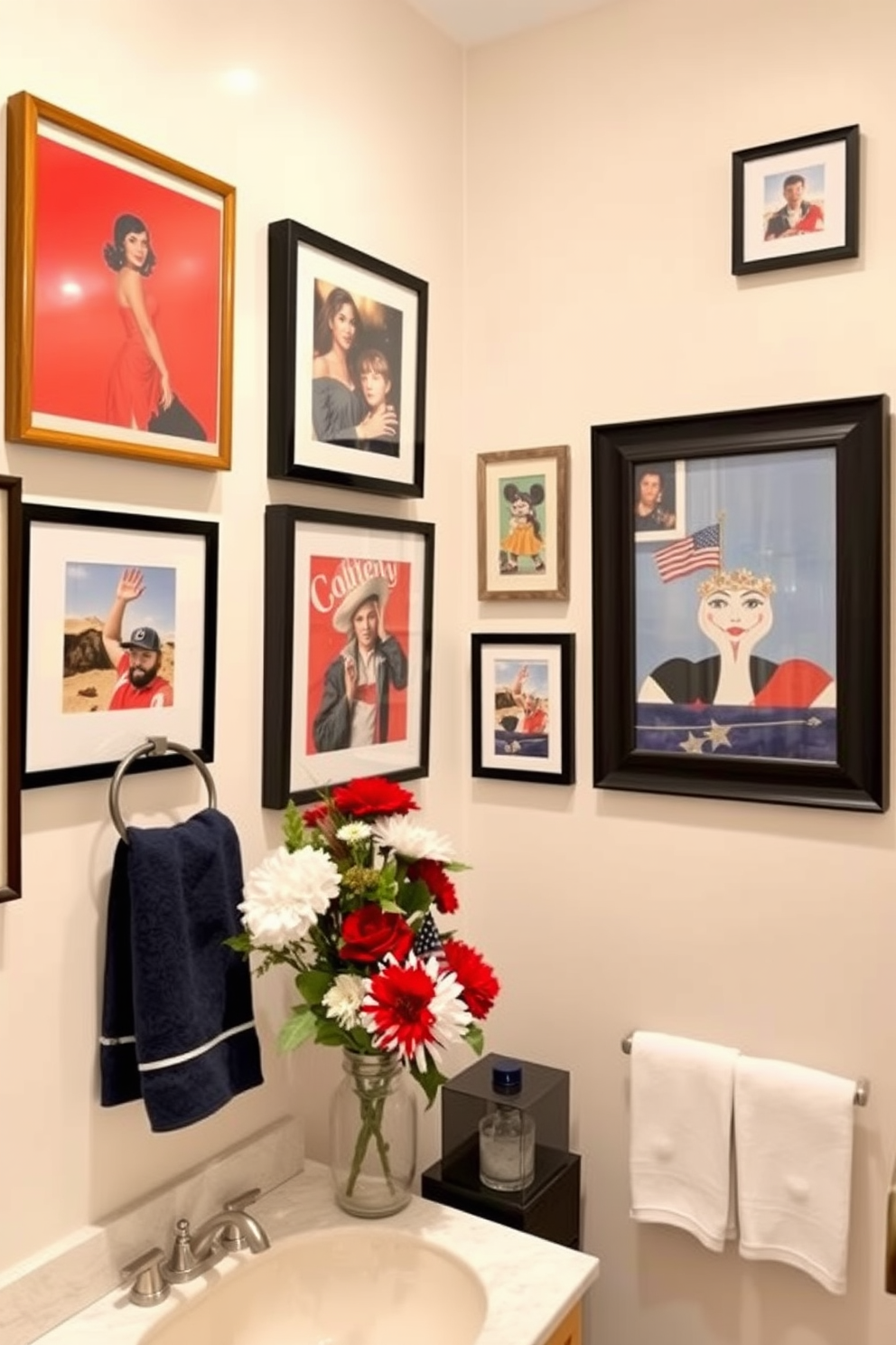 A stylish bathroom adorned with framed artwork that reflects personal taste. The walls showcase a collection of vibrant prints in various sizes, arranged in a cohesive gallery style. Incorporate Labor Day themes with subtle decorations like red, white, and blue accents. A tasteful arrangement of seasonal flowers and decorative towels adds a festive touch while maintaining elegance.