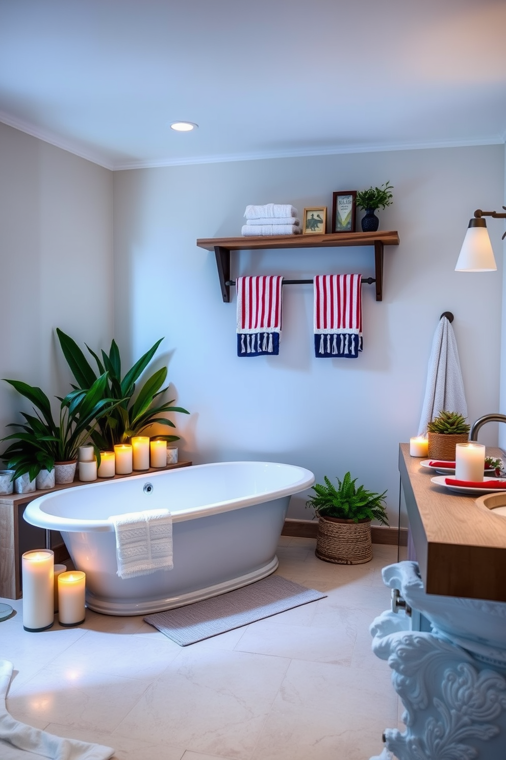 A serene spa-inspired bathroom featuring soft ambient lighting that creates a calming atmosphere. The space includes a freestanding soaking tub surrounded by candles and lush greenery for a tranquil retreat. For Labor Day decorating ideas, the bathroom is adorned with seasonal touches such as red, white, and blue accents in towels and decor. A rustic wooden shelf displays decorative items that celebrate the holiday while maintaining a chic and inviting feel.