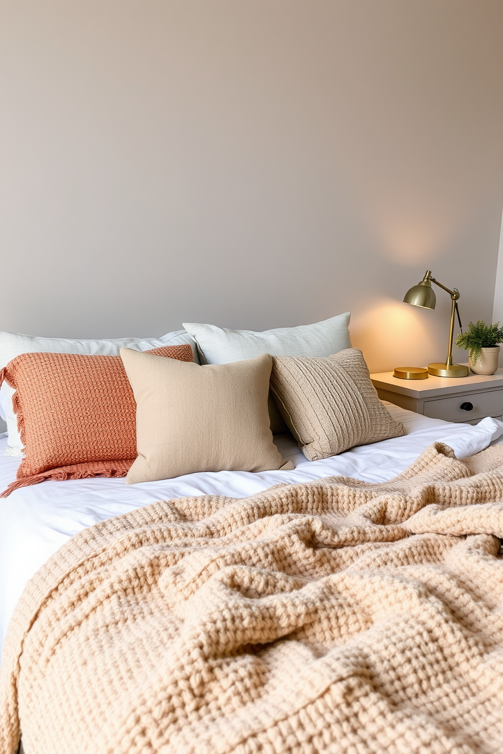 A cozy bedroom scene featuring a plush bed adorned with soft, textured throw blankets in warm earth tones. The bed is positioned against a wall painted in a soothing light gray, creating a calm and inviting atmosphere. On the nightstand, a stylish lamp casts a gentle glow, complementing the overall ambiance of the room. Decorative pillows in varying patterns and sizes add a touch of personality and comfort to the space.