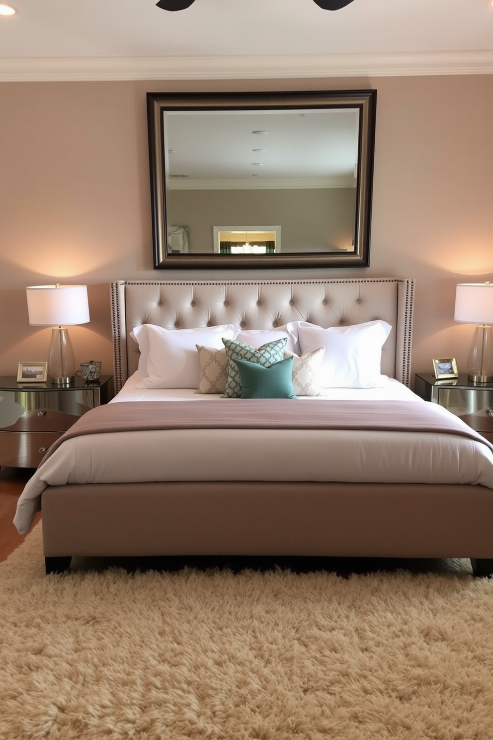 A cozy bedroom designed for relaxation features a large bed with plush bedding and an oversized headboard. On either side of the bed, there are elegant nightstands with stylish lamps that provide soft lighting. The walls are painted in a warm neutral tone, enhancing the inviting atmosphere. A large mirror is mounted above the dresser, reflecting natural light and creating an illusion of a more spacious room. Decorative pillows in various textures and colors are arranged on the bed, adding visual interest. A plush area rug lies underfoot, providing comfort and warmth to the space.