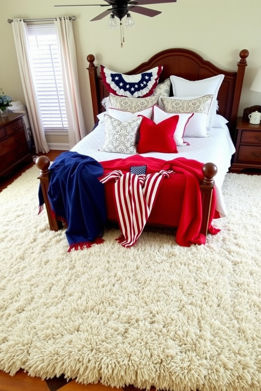 A cozy bedroom adorned with a plush area rug that adds warmth and comfort to the space. The rug features a soft texture and a neutral color palette, perfectly complementing the elegant bedding and wooden furniture. For Labor Day, the bedroom is decorated with a festive theme, incorporating red, white, and blue accents throughout. A charming display of pillows and throws in these colors adds a patriotic touch while maintaining a sophisticated atmosphere.