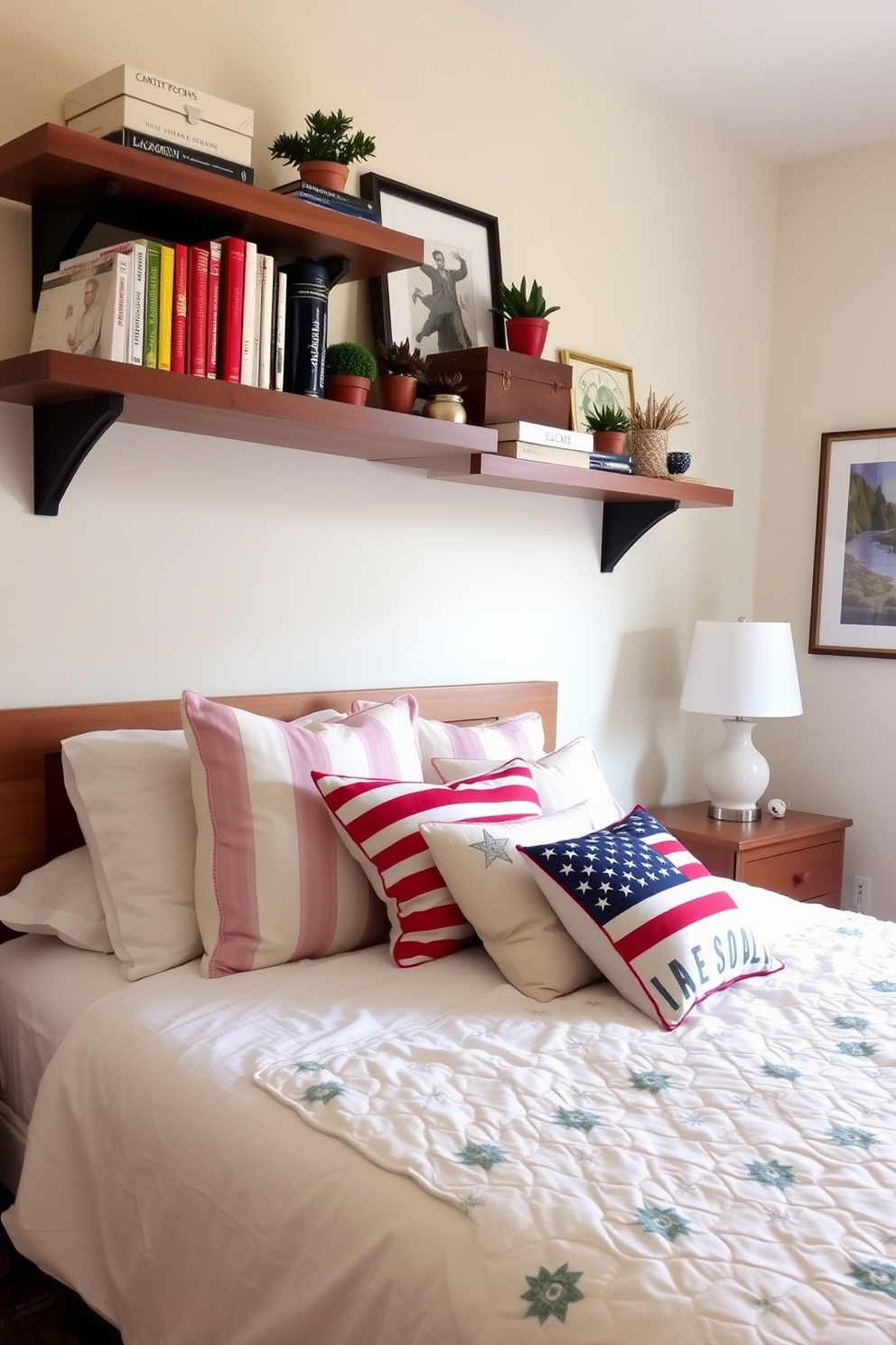 A cozy bedroom featuring floating shelves for stylish storage. The shelves are adorned with books, decorative boxes, and small potted plants, creating an inviting and organized atmosphere. For Labor Day, the bedroom is decorated with a patriotic theme. Red, white, and blue accents are incorporated through throw pillows, a quilt, and wall art, celebrating the holiday in a tasteful manner.