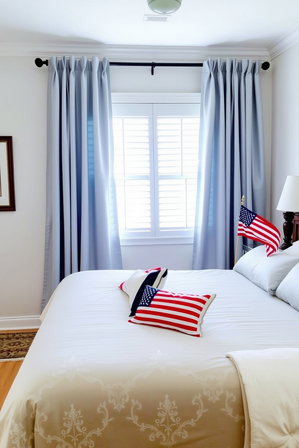 A serene bedroom setting featuring curtains that beautifully match the bedding style. The curtains are made of soft, flowing fabric that complements the color palette of the bedding, creating a cohesive and inviting atmosphere. For Labor Day, the bedroom is adorned with subtle patriotic accents. Decorative pillows in red, white, and blue are placed on the bed, and a small American flag is displayed on the nightstand, adding a festive touch to the overall design.