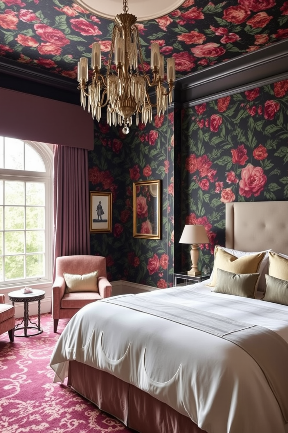 A dramatic bedroom featuring bold wallpaper that showcases a vibrant floral pattern. The walls are adorned with rich hues that create a striking contrast against the soft, neutral bedding. A cozy seating area is positioned near a large window, with plush armchairs and a small side table. A statement chandelier hangs from the ceiling, adding elegance and warmth to the space.