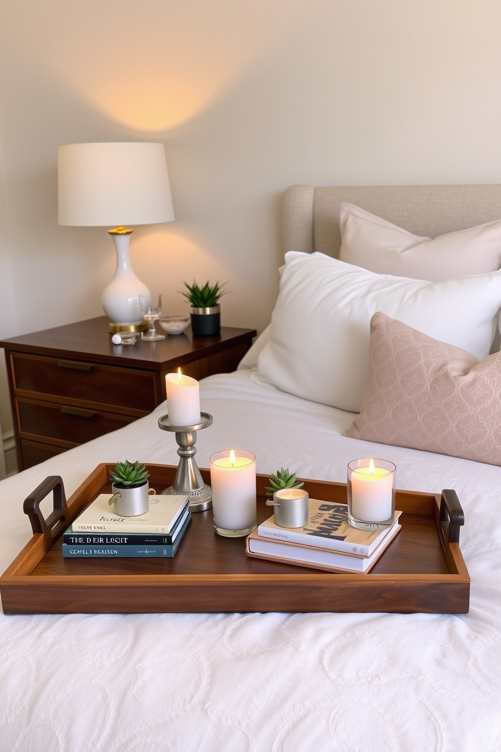 A serene bedroom atmosphere featuring decorative trays on each nightstand. The trays are elegantly arranged with candles, small potted plants, and a stack of books, enhancing the cozy yet sophisticated vibe of the space. The nightstands are crafted from rich wood, complemented by soft, ambient lighting from stylish lamps. The bedding is plush and inviting, with a mix of textures and neutral tones that create a harmonious and restful environment.