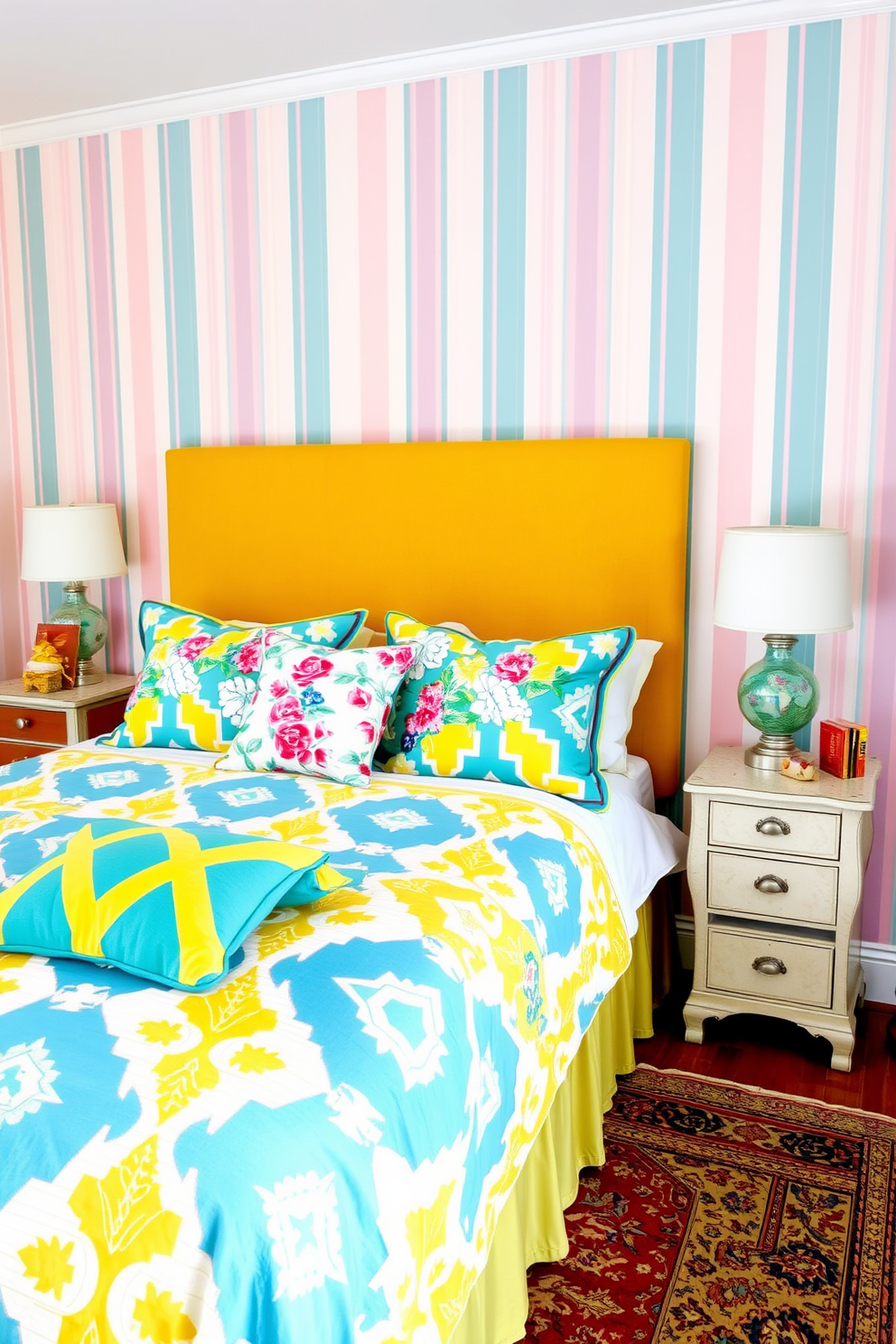 A vibrant bedroom setting that showcases an eclectic mix of patterns. The bedding features bold geometric prints in shades of blue and yellow, while the throw pillows incorporate floral designs to add a touch of whimsy. On the walls, a striped wallpaper in soft pastels complements the colorful decor. A vintage rug with intricate patterns lies beneath the bed, creating a cozy and inviting atmosphere.