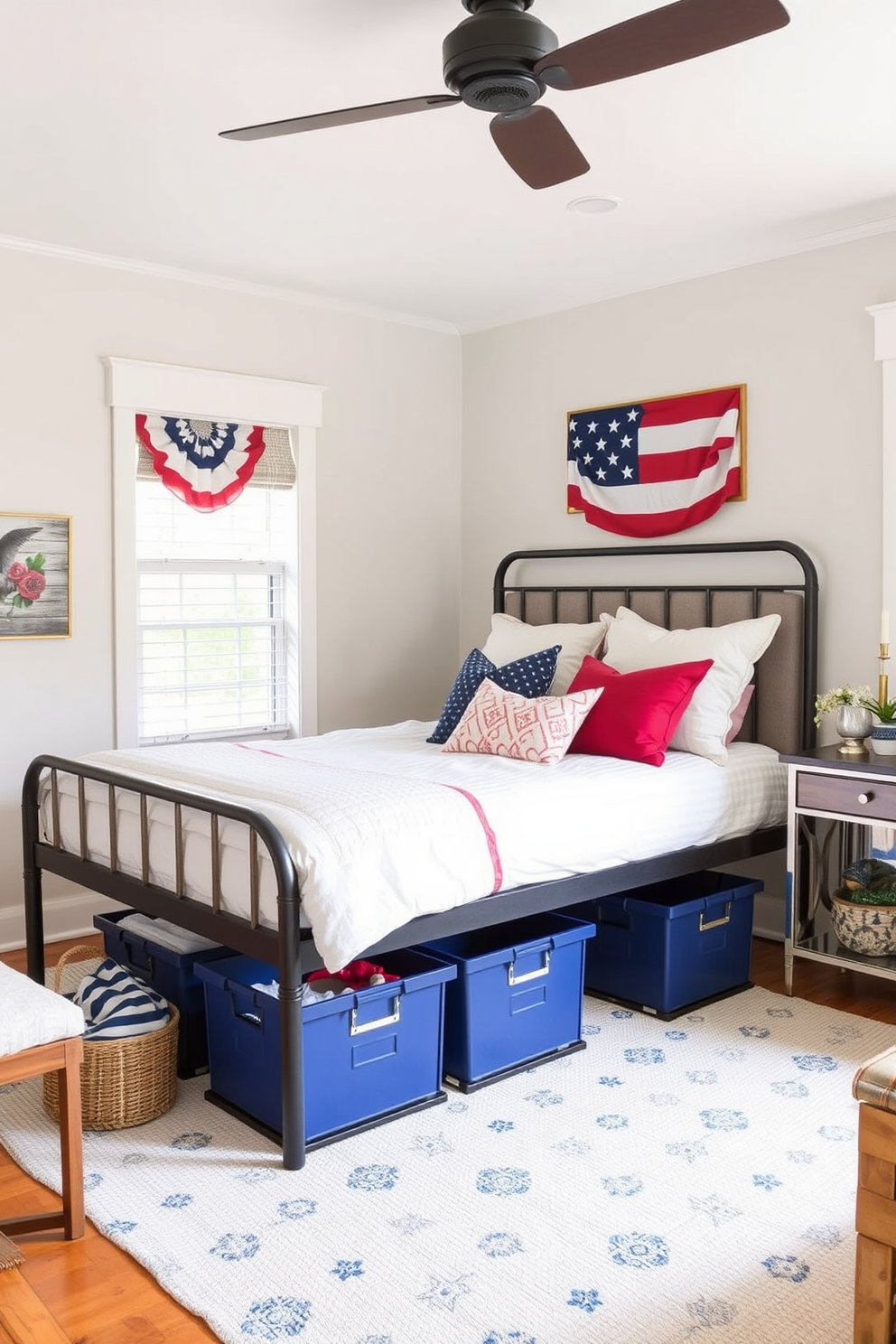 Create a cozy bedroom featuring under-bed storage solutions that keep the space clutter-free. The bed is elevated on a stylish frame, allowing for easy access to neatly organized bins and drawers underneath. Incorporate Labor Day decorating ideas with a patriotic color scheme of red, white, and blue accents throughout the room. Soft textiles and seasonal decor create a welcoming atmosphere perfect for celebrating the holiday.