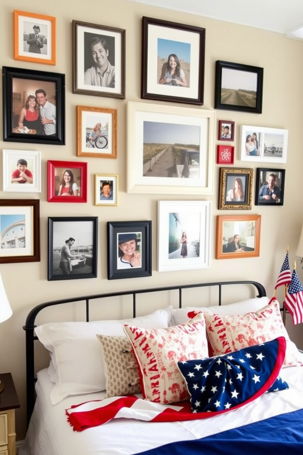 A personalized photo gallery wall featuring a mix of framed family photos and artistic prints. The frames vary in size and color, creating an eclectic yet cohesive look that adds warmth and personality to the space. For Labor Day bedroom decorating ideas, incorporate red, white, and blue accents through bedding and decorative pillows. A festive throw blanket draped over the bed and a small American flag displayed on the nightstand enhance the celebratory theme.