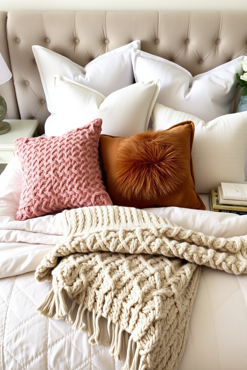 A beautifully layered bedding arrangement features a mix of soft, textured fabrics in neutral tones. Plush pillows of varying sizes and shapes are artfully arranged against a backdrop of a tufted headboard, creating an inviting and cozy atmosphere. The bed is dressed with a lightweight quilt, topped with a chunky knit throw that adds depth and warmth. A stylish bedside table holds a decorative lamp and a small stack of books, enhancing the room's relaxed yet sophisticated vibe.