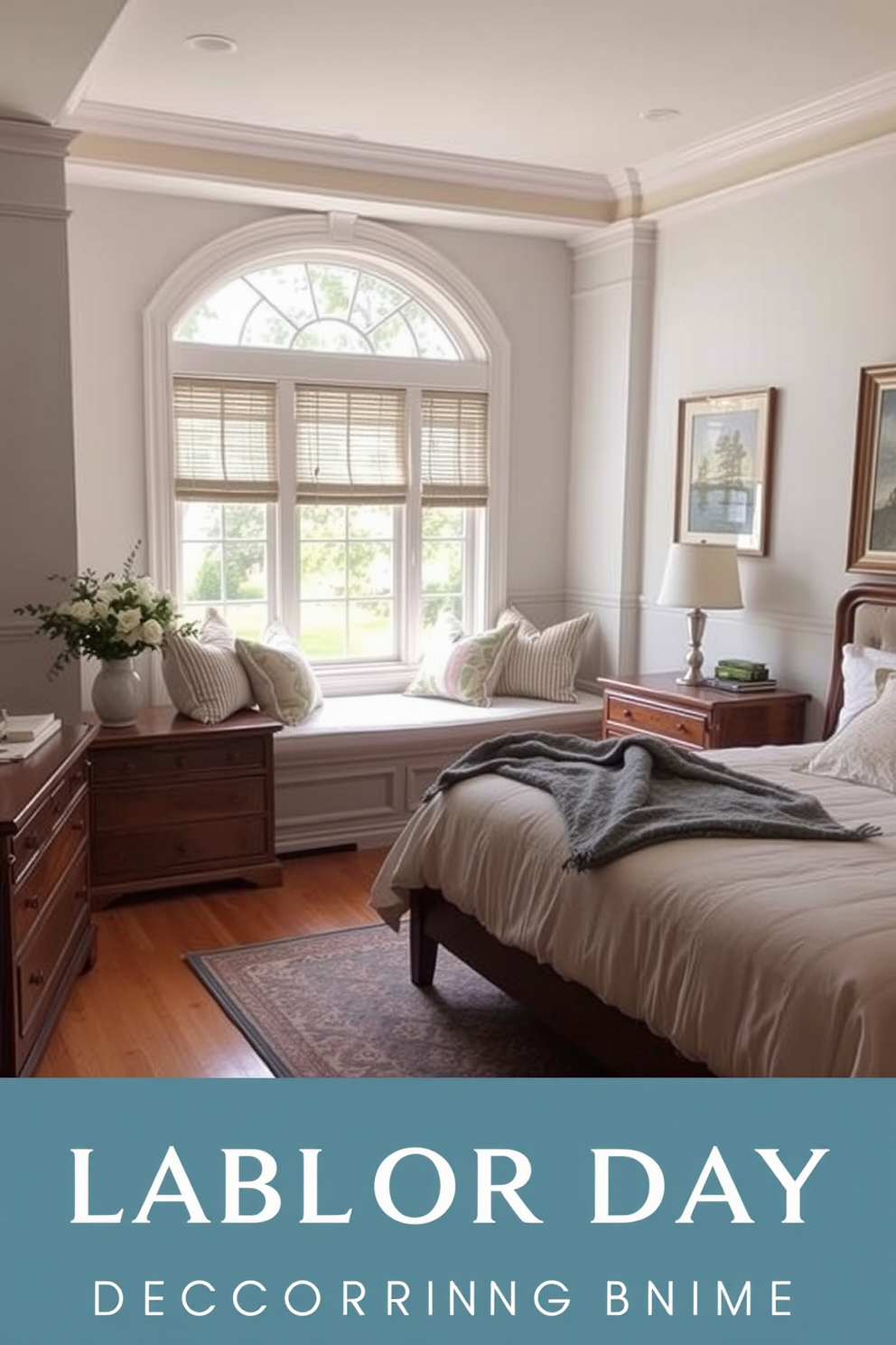 A cozy bedroom featuring a window seat adorned with plush cushions and a soft throw blanket. Natural light floods the space through the large window, highlighting the warm tones of the wooden furniture and the inviting atmosphere. The bed is dressed in luxurious linens with a mix of textures, complemented by stylish bedside tables. A tasteful area rug anchors the room, while artwork on the walls adds a personal touch to the Labor Day decorating theme.