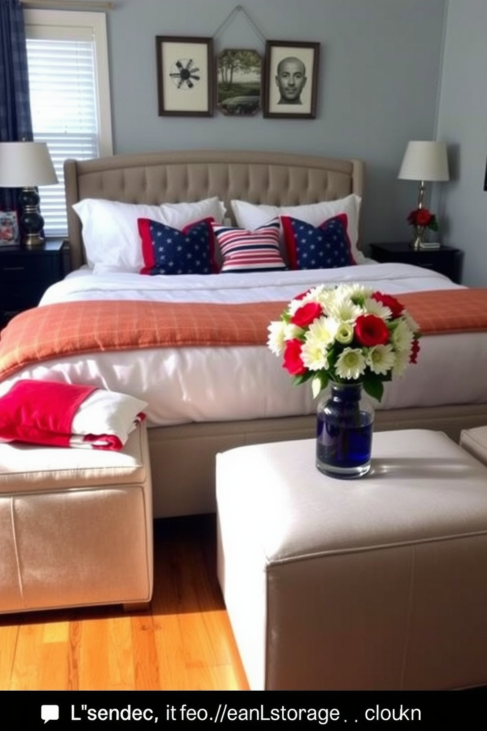 A cozy bedroom featuring functional furniture such as stylish storage ottomans at the foot of the bed. The ottomans are upholstered in a soft fabric that complements the bedding, providing both seating and storage for blankets and pillows. For a Labor Day theme, the bedroom is adorned with seasonal decorations like red, white, and blue throw pillows on the bed. A cheerful arrangement of fresh flowers in a vase adds a festive touch to the nightstand, creating a welcoming atmosphere.