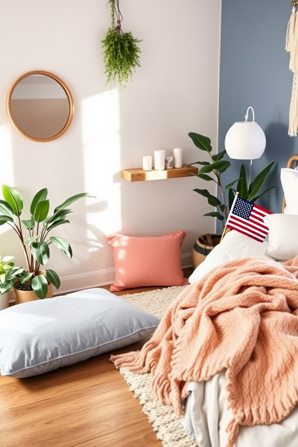 Create a serene meditation corner with a soft floor cushion in calming pastel colors. Surround the area with indoor plants and a small wooden shelf holding candles and crystals. For Labor Day bedroom decorating ideas, incorporate red white and blue accents through bedding and decorative pillows. Add a cozy throw blanket and a small American flag as a subtle nod to the holiday.