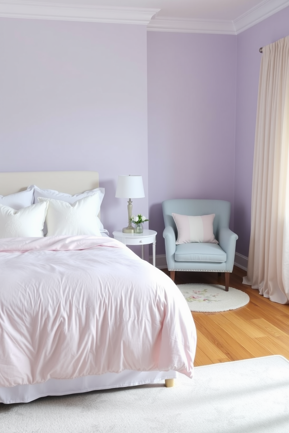 A serene bedroom setting designed with soft pastel colors to evoke tranquility. The walls are painted in a gentle lavender hue, complemented by a plush light pink bedspread and fluffy white pillows. A cozy reading nook features a pastel blue armchair next to a small white side table. A delicate floral print rug adds warmth to the hardwood floor, while sheer curtains filter in soft natural light.