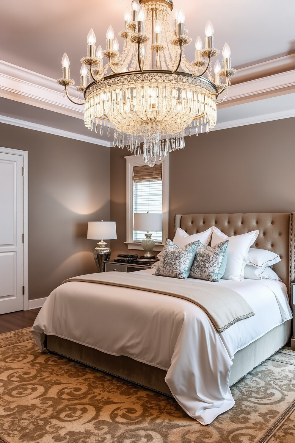 A luxurious bedroom featuring a statement chandelier that cascades elegantly from the ceiling. The room is adorned with a plush king-sized bed dressed in soft white linens and accented with a variety of textured throw pillows. To the side, a stylish nightstand holds a sleek lamp and a stack of books. The walls are painted in a warm taupe color, and a large area rug with intricate patterns anchors the space beneath the bed.