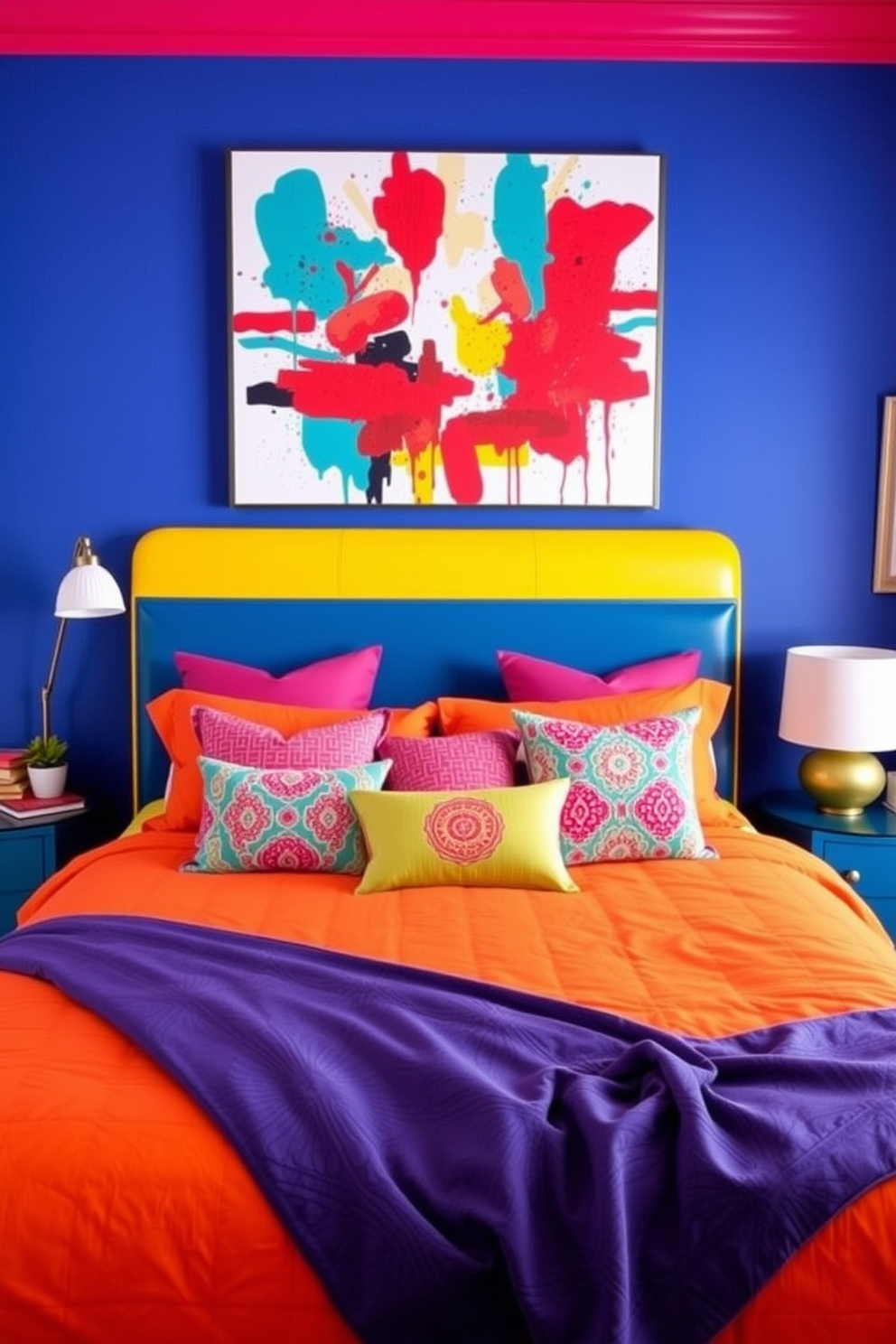 A vibrant bedroom infused with bold colors to create an energizing atmosphere. The walls are painted in a rich cobalt blue, complemented by a bright yellow accent wall behind the bed. The bed features a striking orange duvet cover with patterned throw pillows in various shades of pink and green. A large abstract painting with splashes of red and teal hangs above the headboard, adding to the room's lively vibe.