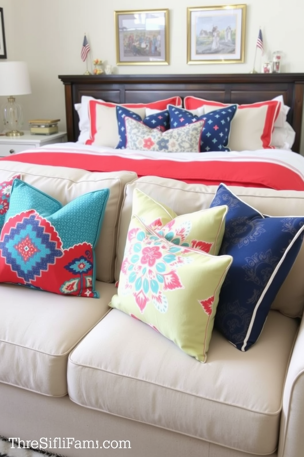 Bright accent pillows in vibrant colors are scattered across a neutral-toned sofa, creating a lively focal point in the living room. The pillows feature a mix of geometric patterns and floral designs, adding texture and visual interest to the space. For Labor Day, the bedroom is adorned with a cozy layered bedding arrangement in red, white, and blue hues. Festive decorations include small American flags and seasonal artwork, enhancing the patriotic theme while maintaining a relaxed atmosphere.