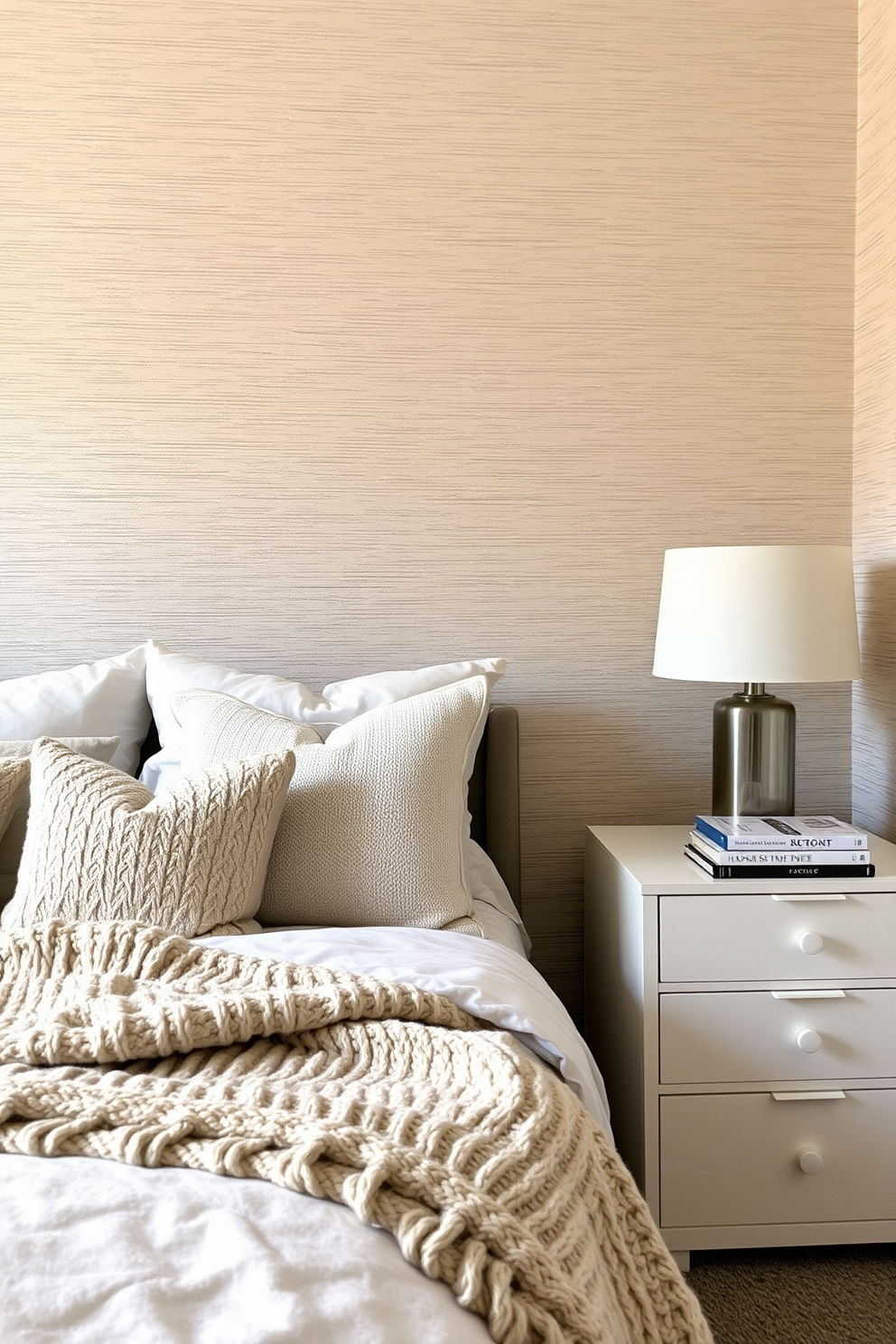 A cozy bedroom with textured wallpaper that adds depth and interest to the space. The wallpaper features a subtle geometric pattern in soft neutral tones, enhancing the room's warmth and inviting atmosphere. The bed is dressed in plush linens with a mix of textures, including a chunky knit throw and decorative pillows. A stylish nightstand holds a modern lamp and a stack of books, creating a perfect spot for relaxation.